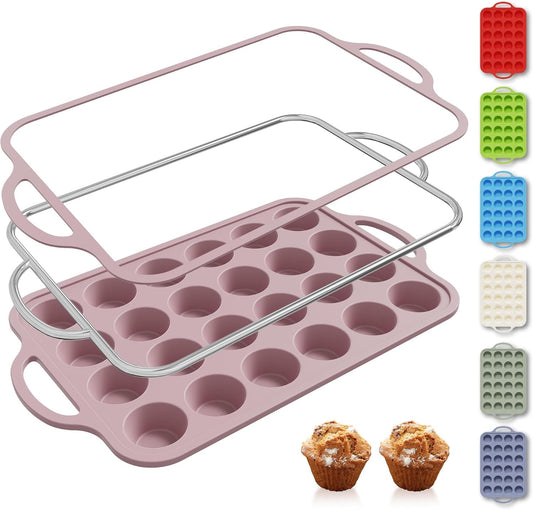 24 Cups Silicone Muffin Pan with Metal Reinforced Frame Cupcake Tray Egg Mold for Kitchen 2025 First Apartment Essentials New Home Must Haves Things House Warming Decor Housewarming Hostess Host Gifts
