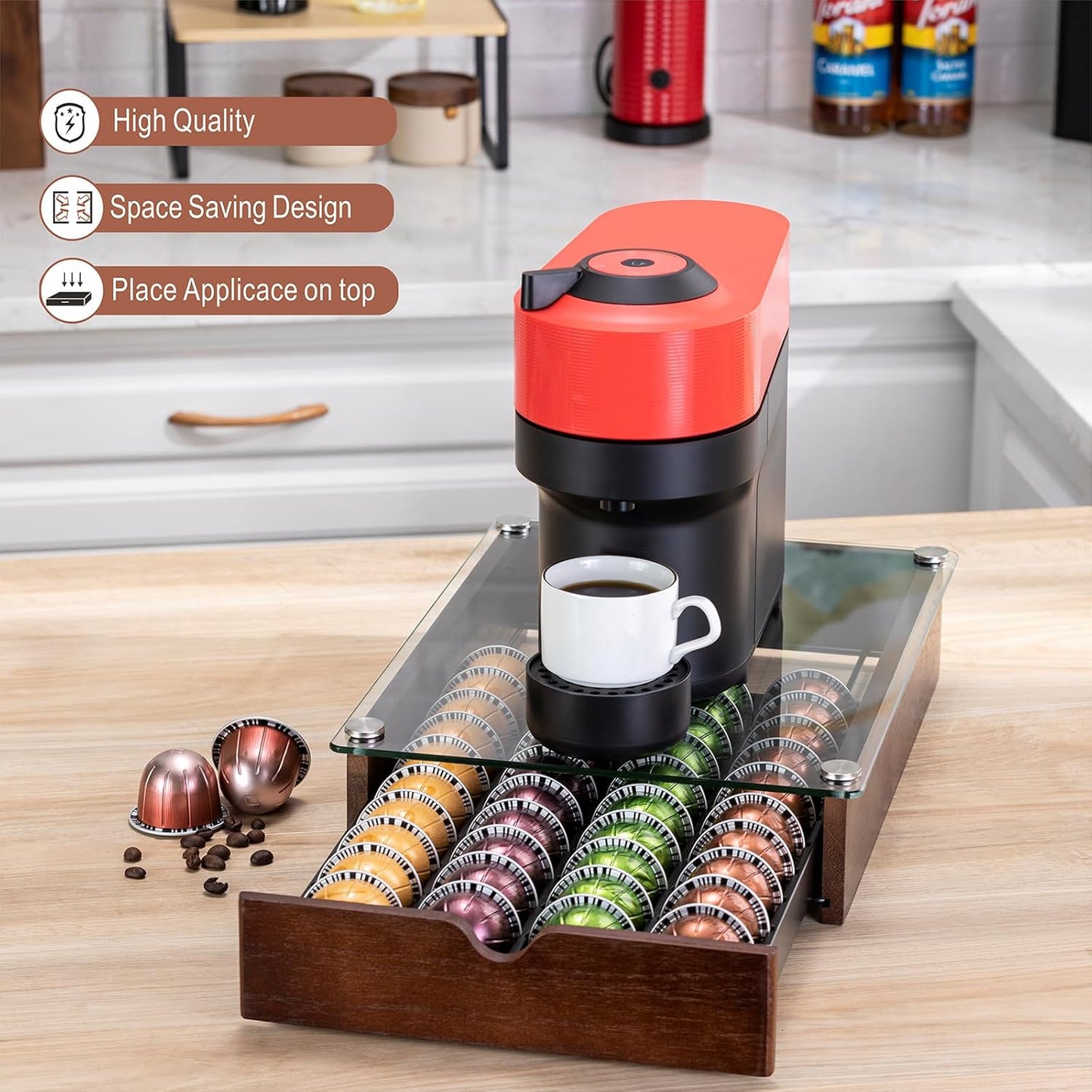 Nespresso Pod Holder Vertuo Pod Drawer With Glass For Cabinet Vertuoline Pod Storage Rack For Counter (40 Pods)