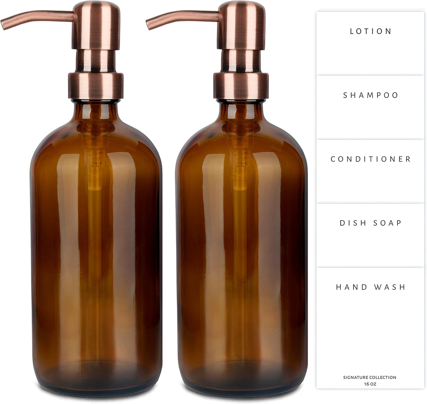 Emerson Soap Dispenser, Dish Soap Dispenser for Kitchen, Soap Dispenser Bathroom Set, Hand Soap Dispenser, Kitchen Soap Dispenser Set, Glass Soap Dispenser with Pump and Labels - 16 Oz - 2 Pack