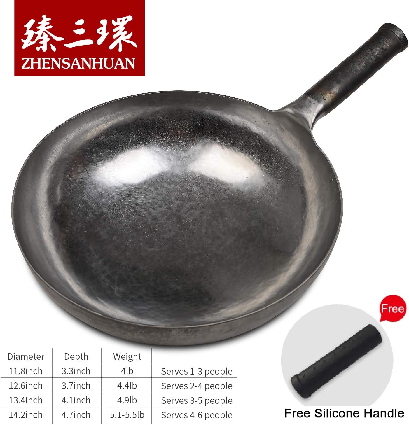 臻三环 ZhenSanHuan Chinese Hand Hammered Iron Woks and Stir Fry Pans, Non-stick, No Coating, Carbon Steel Pow (30CM, Silver-Not Seasoned)