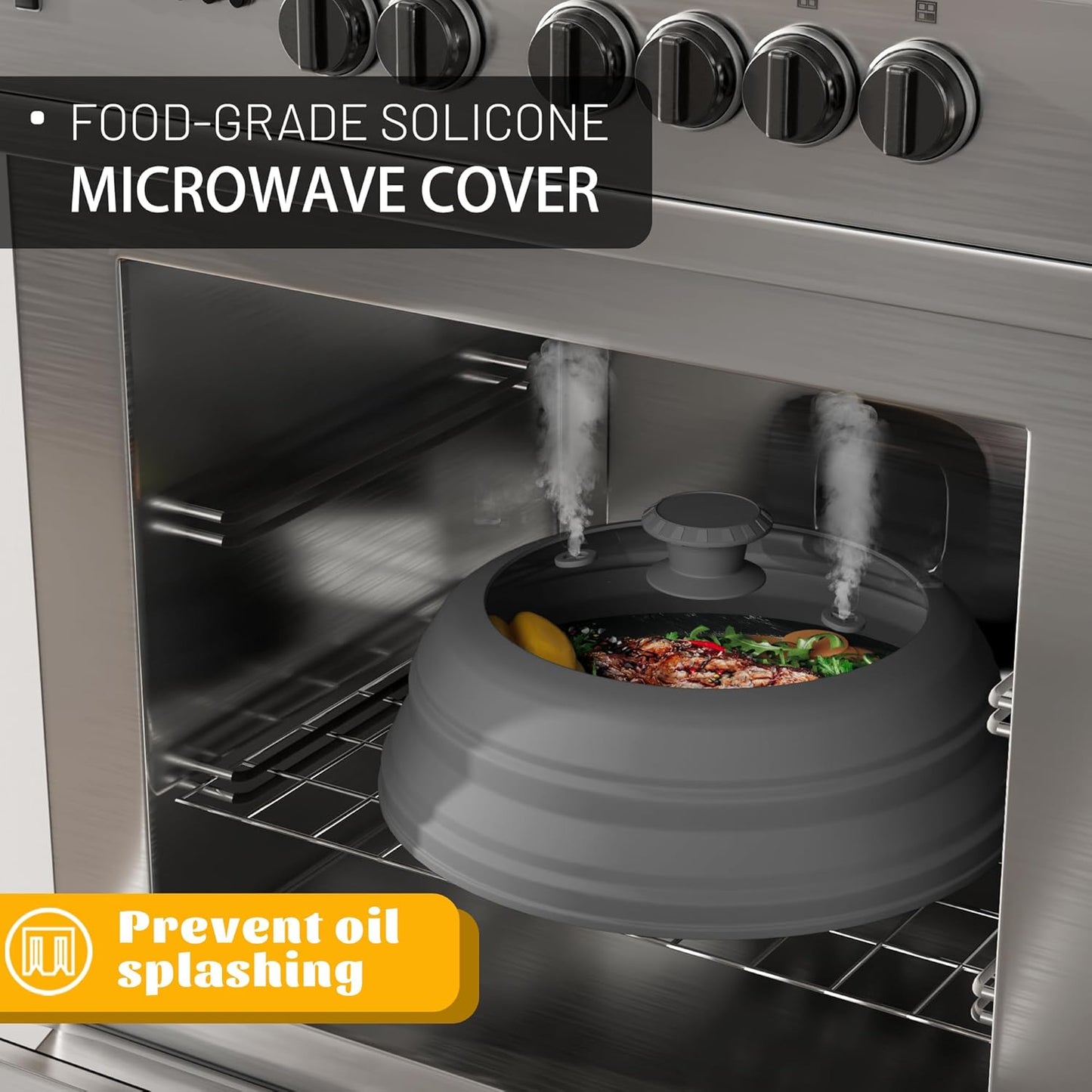 Collapsible Microwave Splatter Cover - Vented Silicone & Glass Lid with Easy-Grip Handle, Fits 6 to 8 Inch Plates & Bowls, 9 Inch Diameter, Prevents Splatters & Ensures Even Heating