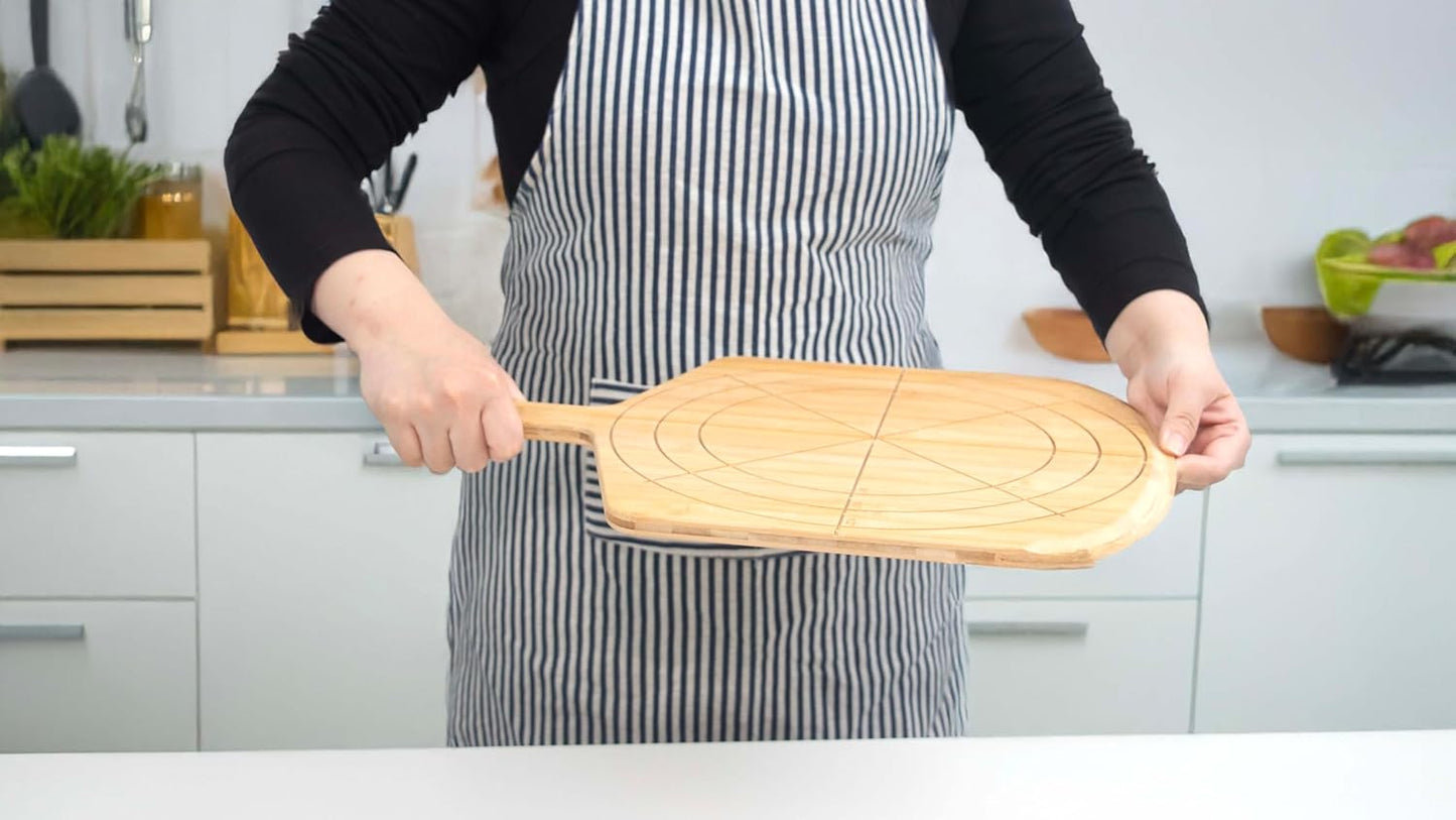 Loftern Wooden Pizza Peel 12 Inch Board with Engraved Sizes - Multi-Purpose Bamboo Pizza Cutting Board, Wood Pizza Peel, Pizza Spatula Paddle, and Serving Board with Size and Cutting Guide