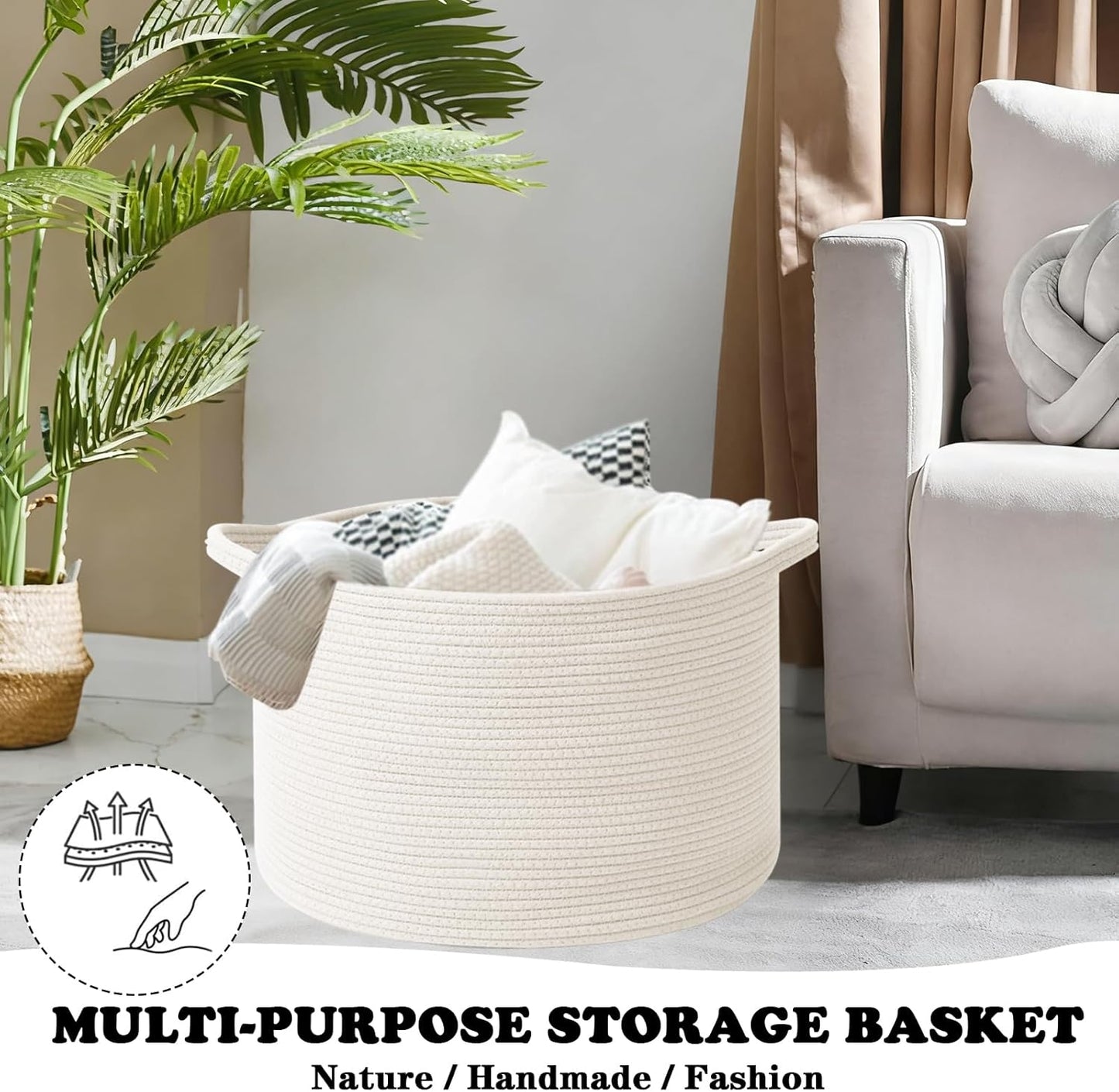 Large Blanket Basket for Organizing,115L Closet Organizers and Storage Bins Box for Shelves Woven Rope Storage Baskets,Living Room,Bedroom,Dorm,Laundry room (White)