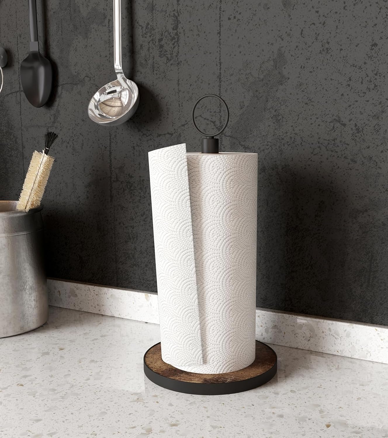 OROPY Paper Towel Holder Countertop with Heavy Duty Wood Base, Farmhouse Paper Towel Roll Stand for Kitchen Counter fits Standard and Jumbo Size Paper Towels (Brown)