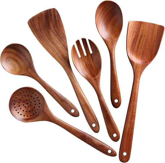 Wooden Spoons for Cooking, 6 Pcs Wooden Utensils for Cooking, Natural Teak Wood Non-Stick Cooking Spoons, Wood Utensils Set for Kitchen