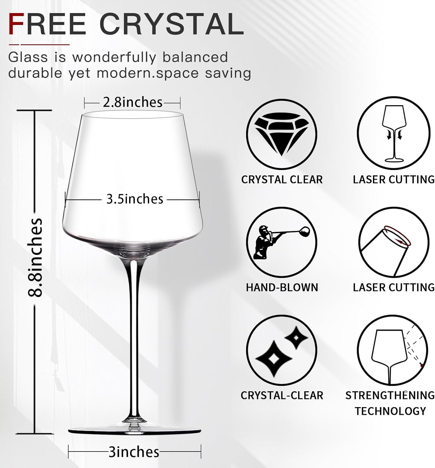 White Red Wine Glasses Set of 6 – 18oz Clear【Hand Blown】 Crystal Wine Glass – Tall Long Stem Modern Wine Glasses – Square Wine Glass with flat bottom – Unique gifts for Wedding,Brithday,anniversary