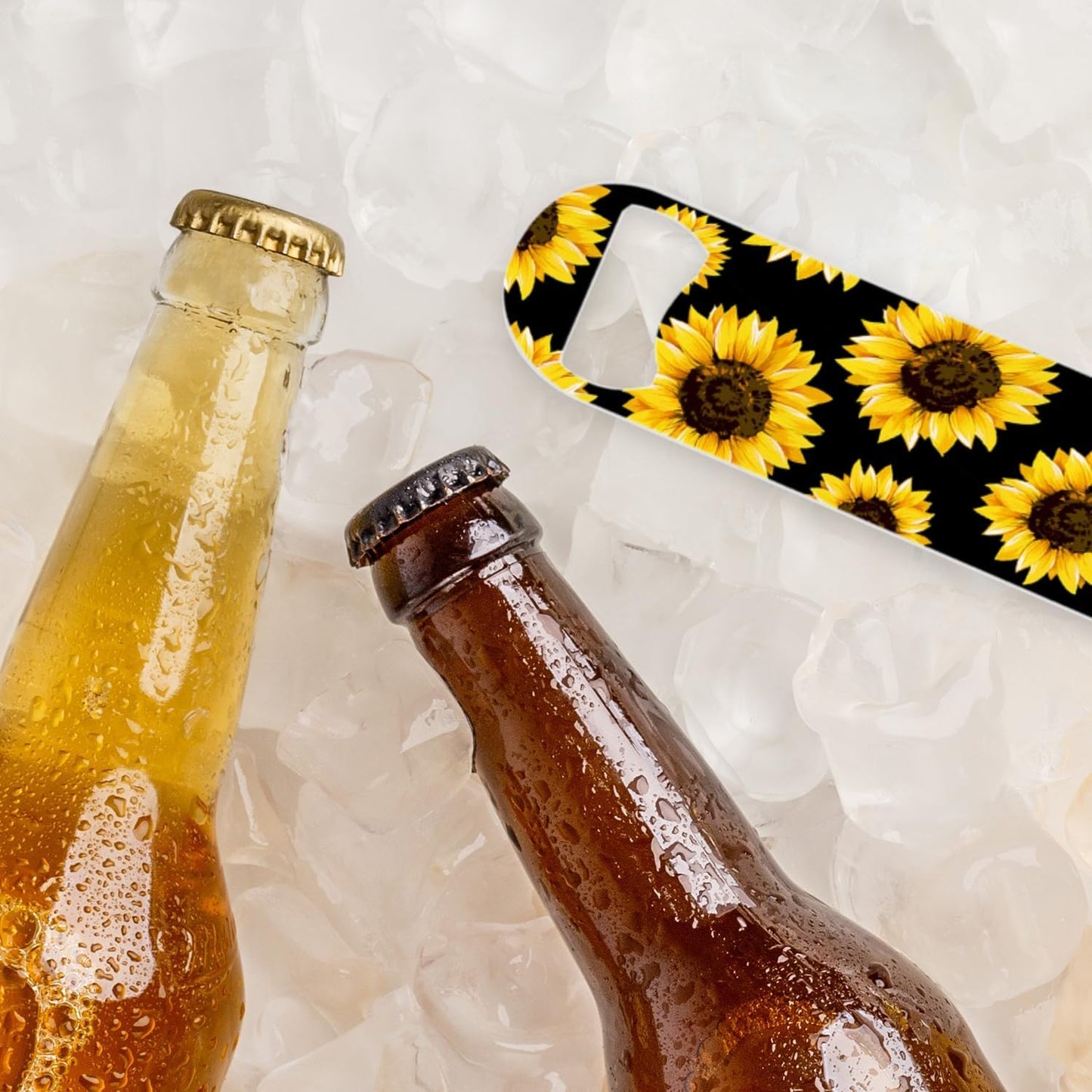2 PACK Beer Bottle Opener, Stainless Steel Flat Bottle Openers,7 inch Metal Decor,Sunflowers On Black Background