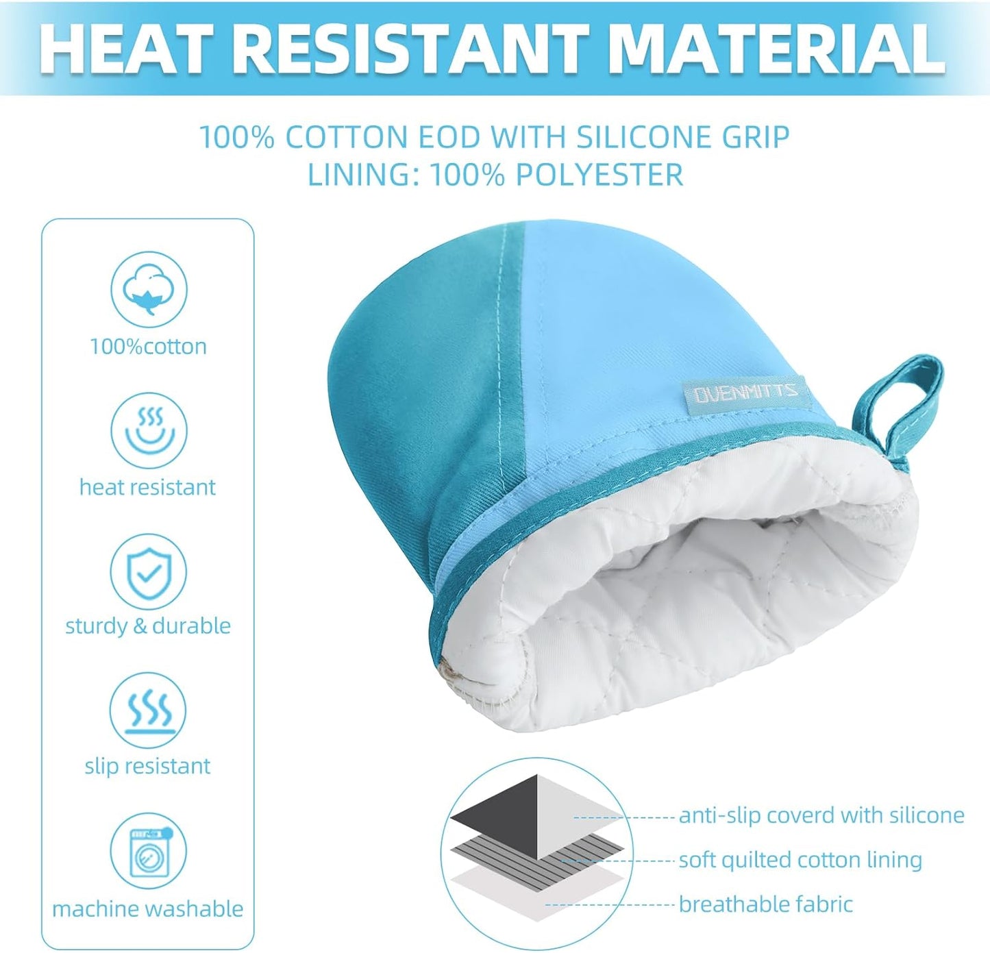 Mini Oven Mitts, Kitchen Oven Gloves Kitchen Mittens 500 Degrees Heat Resistant Baking Gloves, Non-Slip Silicone Surface with Hanging Loops Hot Gloves for Cooking, Baking, BBQ 1 Pair-Blue