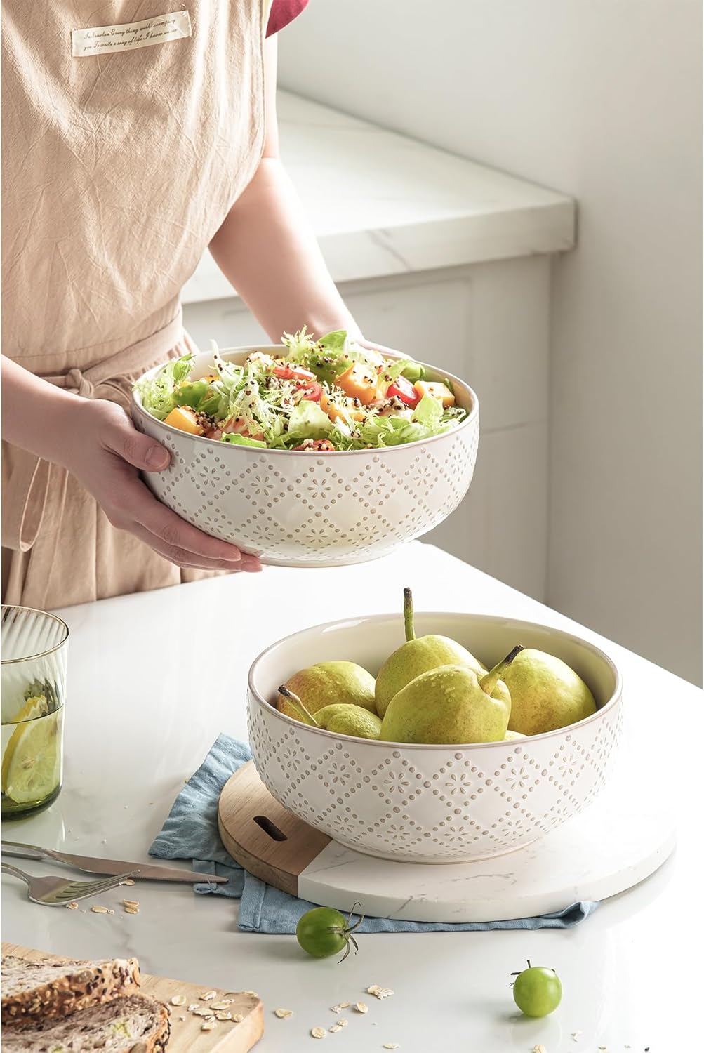 Large Serving Bowls, 8 inch 60 OZ Salad Bowls Set of 2, Ceramic Bowl Set for Salad，Ramen, Soup, Cereal and Entertaining, Farmhouse Decorative, Dishwasher & Microwave Safe, Off-White