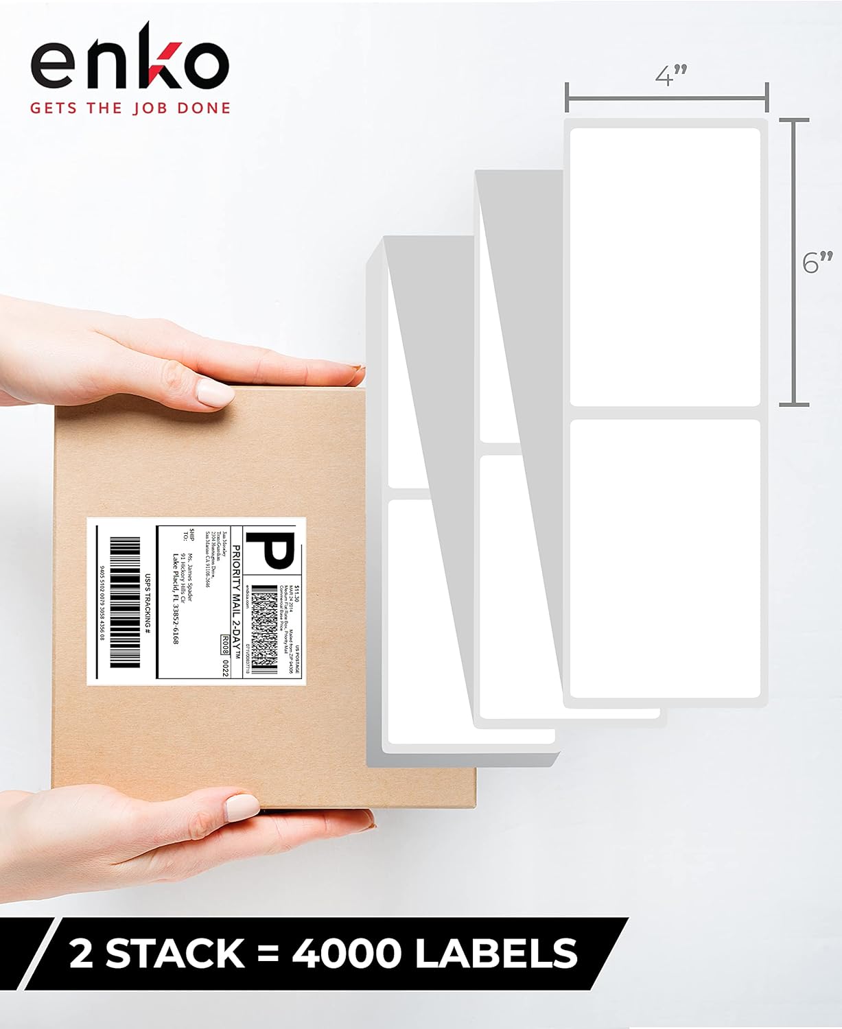 enKo 2 Stacks/4000 Labels 4" x 6" Fanfold Direct Thermal Labels Compatible for Rollo Zebra Printer - Shipping Mailing Postage Labels, Perforated, Permanent Adhesive (2 Labels/Fold | 2000 Labels/Stack)