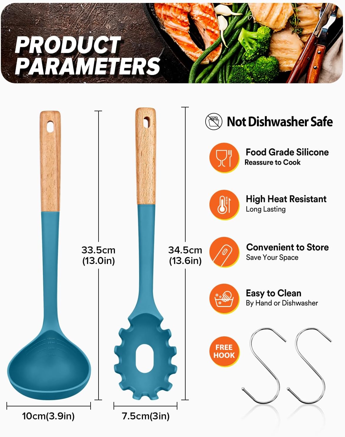 Pasta Fork and Ladle Set, Perfect for Serving Hot Soup, Stirring, and Sauce Pasta, BPA-Free Matte Silicone, Wood Handle Spaghetti Spoon for Nonstick Cooking Surfaces (Blue)