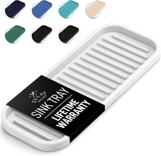 Zulay Kitchen (9x3.5) Silicone Sponge Holder for Kitchen Sink - Flexible Multipurpose Soap Tray - Sink Organizer for Kitchen, Bathroom, Makeup, Trinkets & More (White)