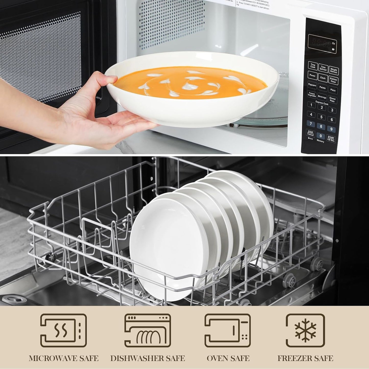 MALACASA 8.85" Large Pasta Bowls, 42 OZ White Salad Bowls Soup Bowls, Porcelain Serving Bowls Set of 6, Large Kitchen Bowl Plates Pasta Plates, Microwave & Dishwasher Safe, Series REGULAR