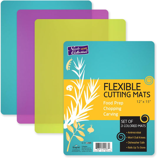 Nicole Home Collection Flexible Cutting Mats Set of 3 - BPA-Free Plastic Color-Coded Kitchen Chopping Boards, 12"x15", Durable Non-Slip Mats for Meat, Veggies, Fruits