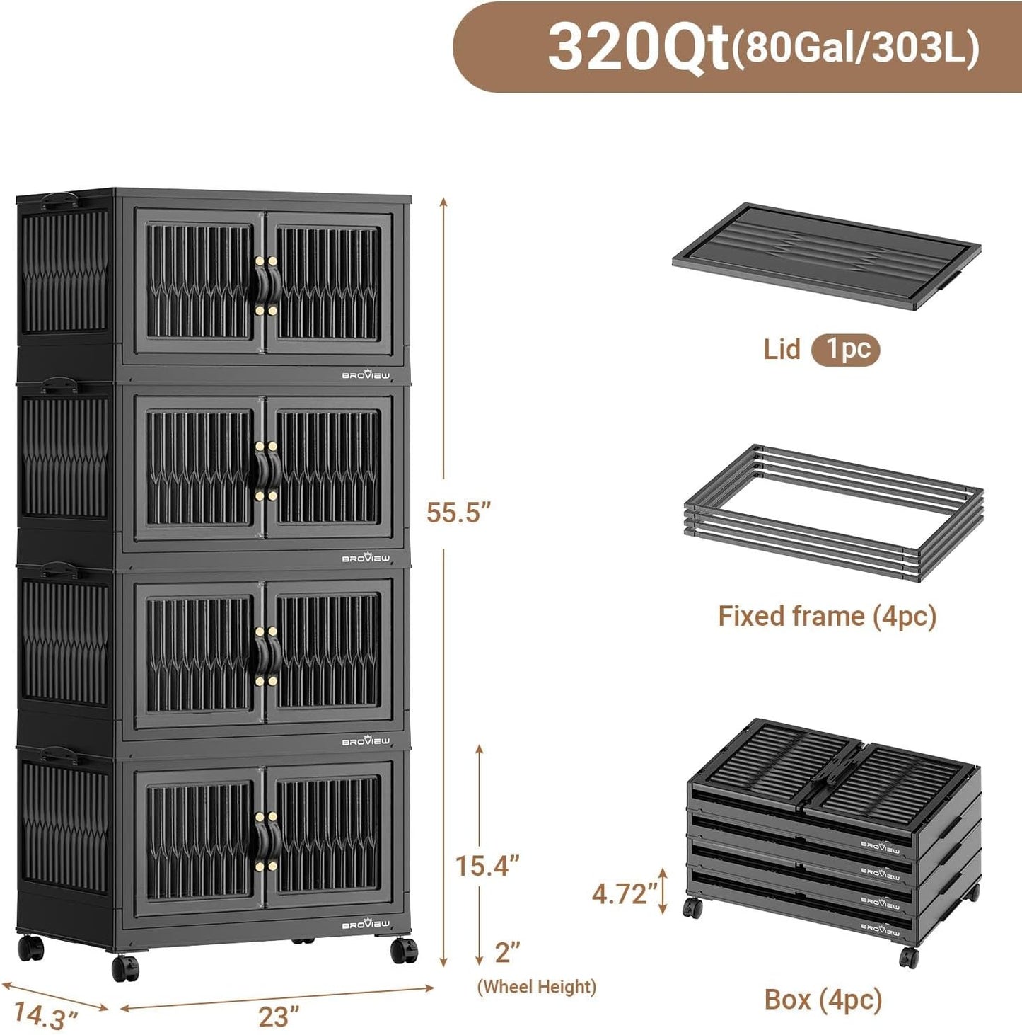 320Qt Stackable Storage Bins with Lid, Extra Large Closet Organizer Collapsible Drawer Boxes with Wheels, Folding Plastic Cabinet Containers for Home Kitchen Room Organization, 4Pack Black