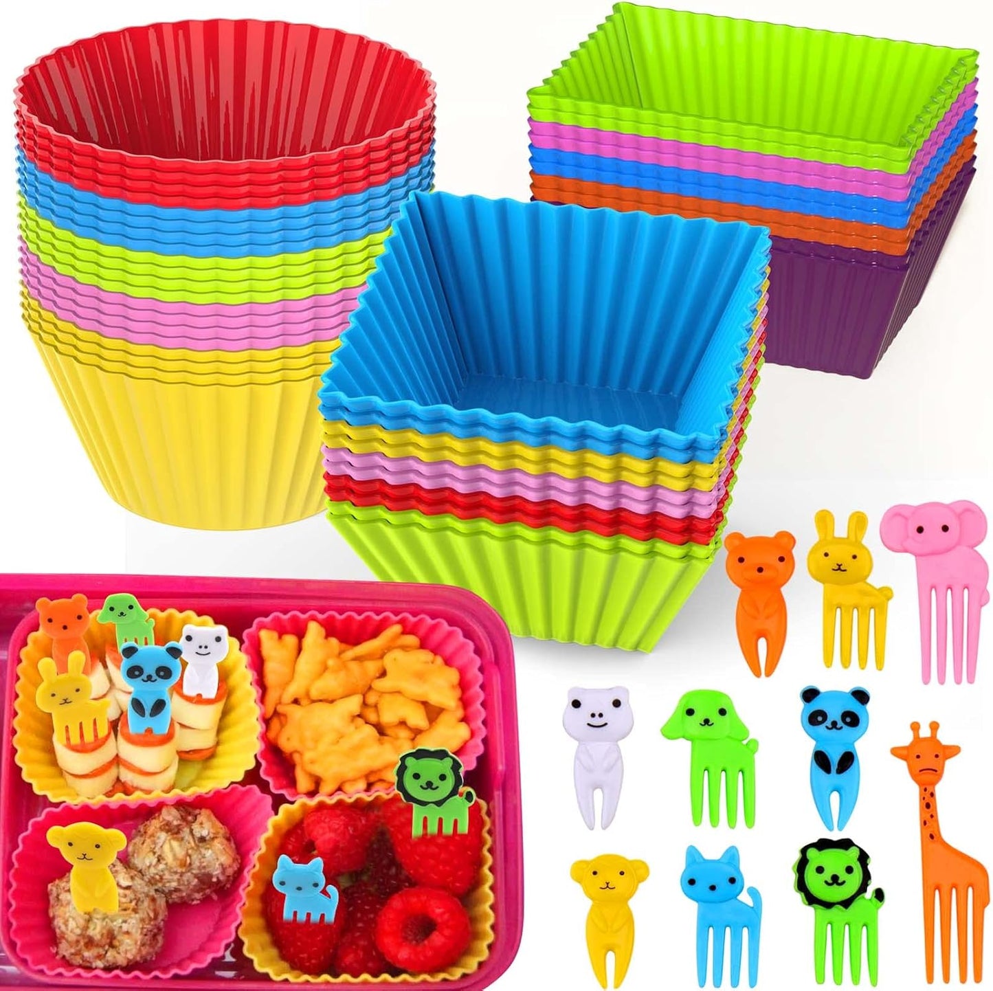 XANGNIER 60 Pcs Silicone Lunch Box Dividers with Animal Food Picks,Reusable Lunch Bento Box Accessories for Kids,Lunchbox Supplies Accessories,Back to School Lunch Essentials,Silicone Cupcake Liners