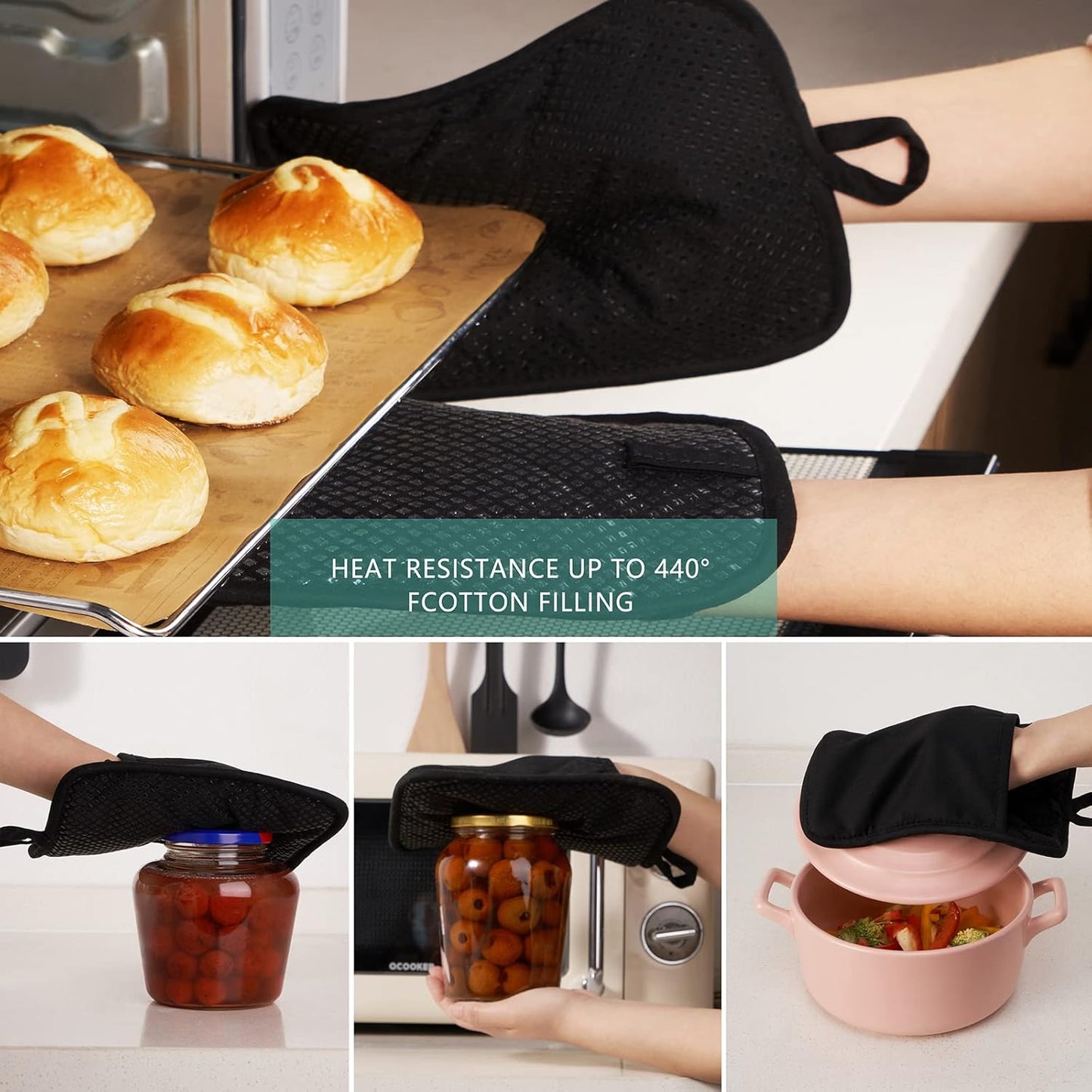 Kitchen Everyday Basic Pot Holder Heat Resistant Coaster Soft Silicone Water Resistant Pot Holder Set Oven Mitts with Pocket, 2 Piece Set, 7"x9" (Black)