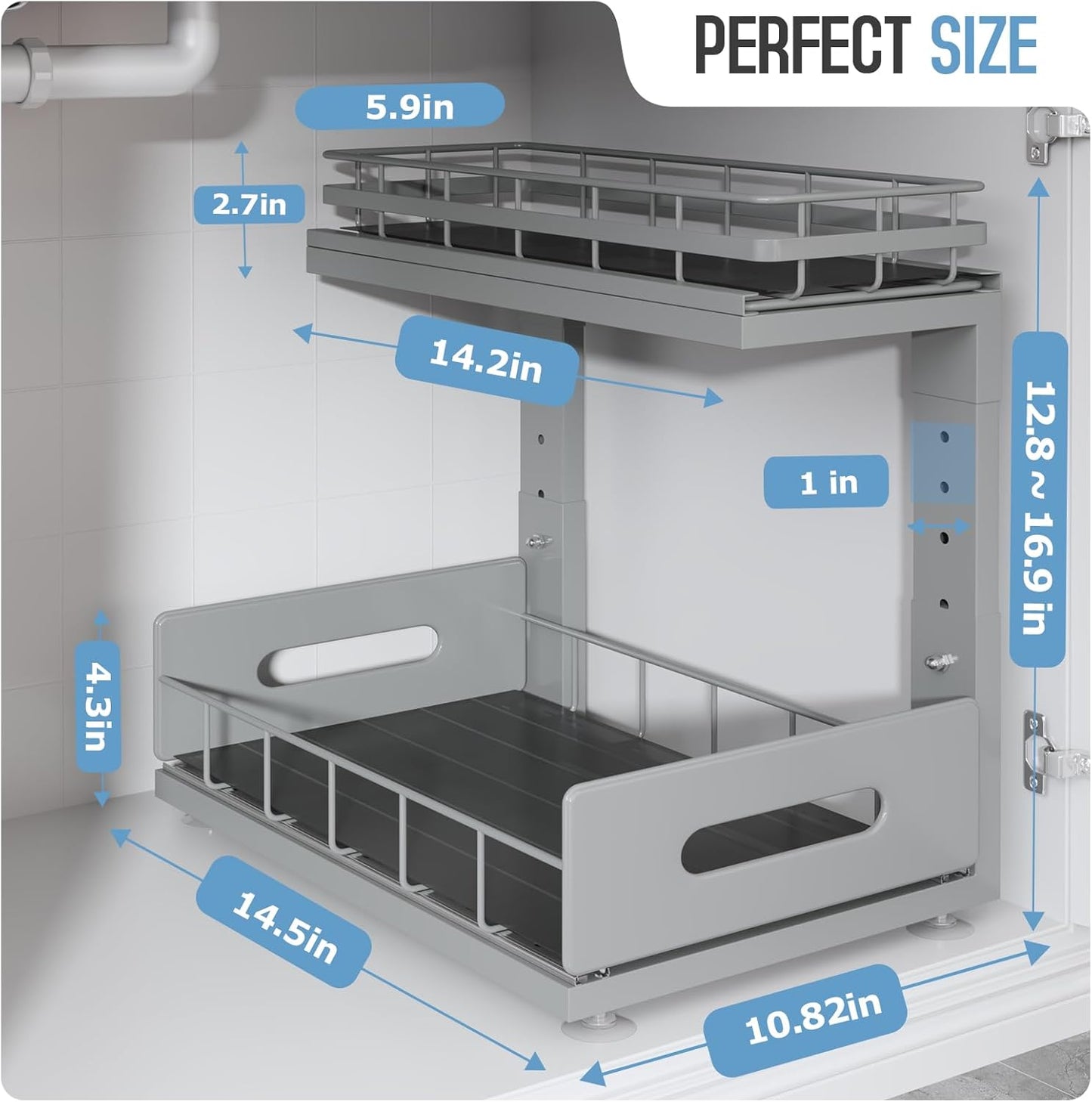 2 Pack Under Sink Organizer Upgrade to Professional Rails,2-Tier Dual Pull Out Cabinet Storage,Height Adjustable Slide Out Drawers for Bathroom Kitchen,Under Sink Shelf-Gun Gray
