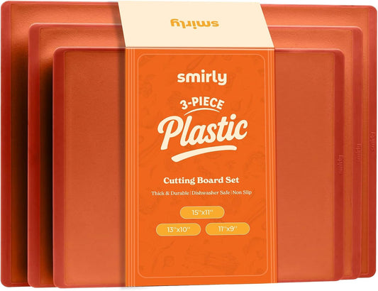 SMIRLY Plastic Cutting Board Set 3 Pieces, Non-Slip Dishwasher Safe Chopping Boards for Kitchen, Orange