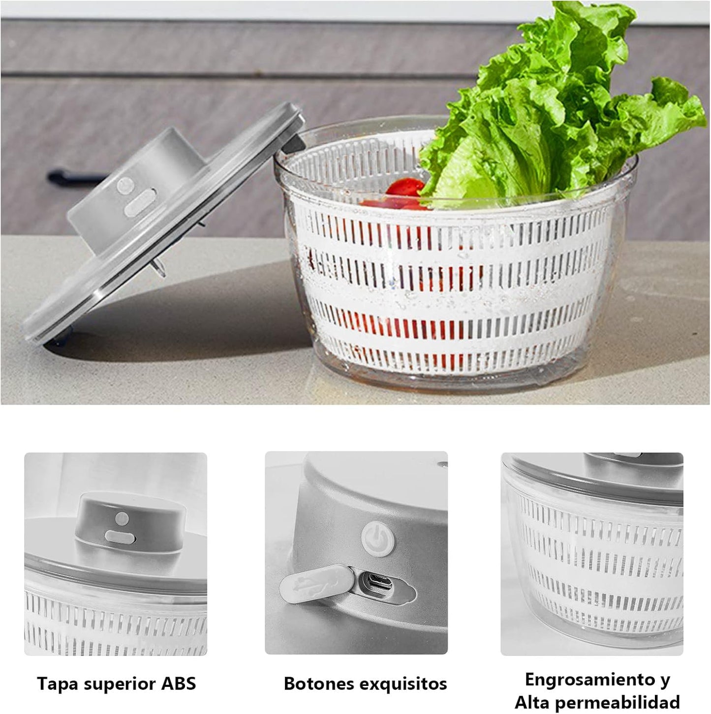 Electric Salad Spinner, 4L Lettuce Spinner Large Capacity USB Chargeble Fruit Vegetable Washer Dryer for Home Kitchen (Gray)