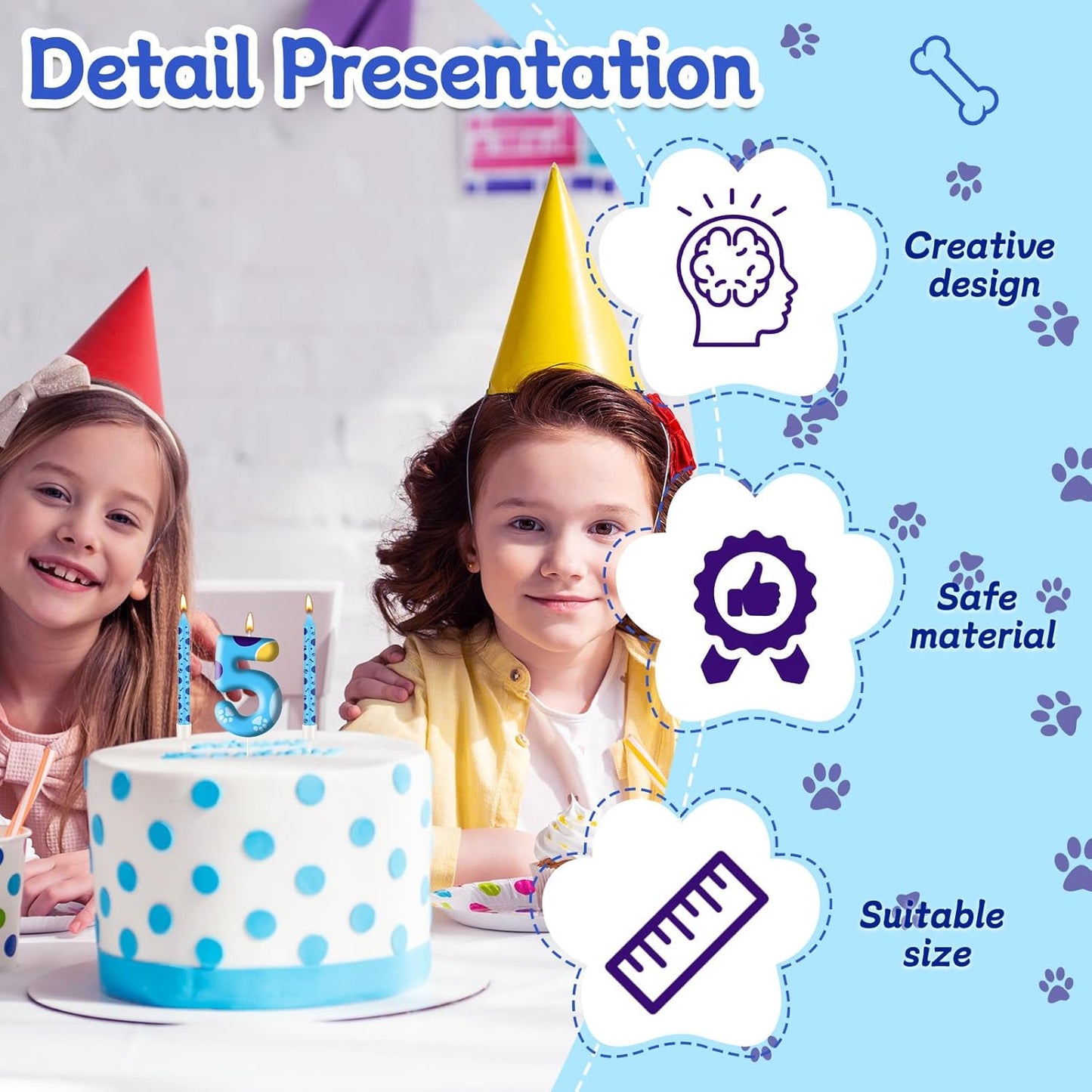 13PCS Blue Dog Paw Birthday Candles Set Cake Topper Numeral Birthday Candles for Boy Girl Dog Paw Decoration(Number 5)