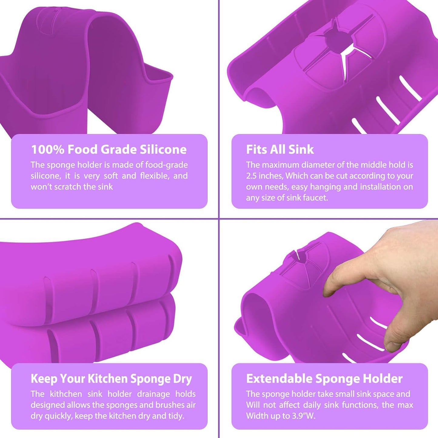 Sponge Holder for Kitchen Sink, Silicone Sink Saddle Caddy Organizer Rack, Sponges Holder Over Faucet, Hanging Kitchen Organizer Accessories Rack Basket Purple