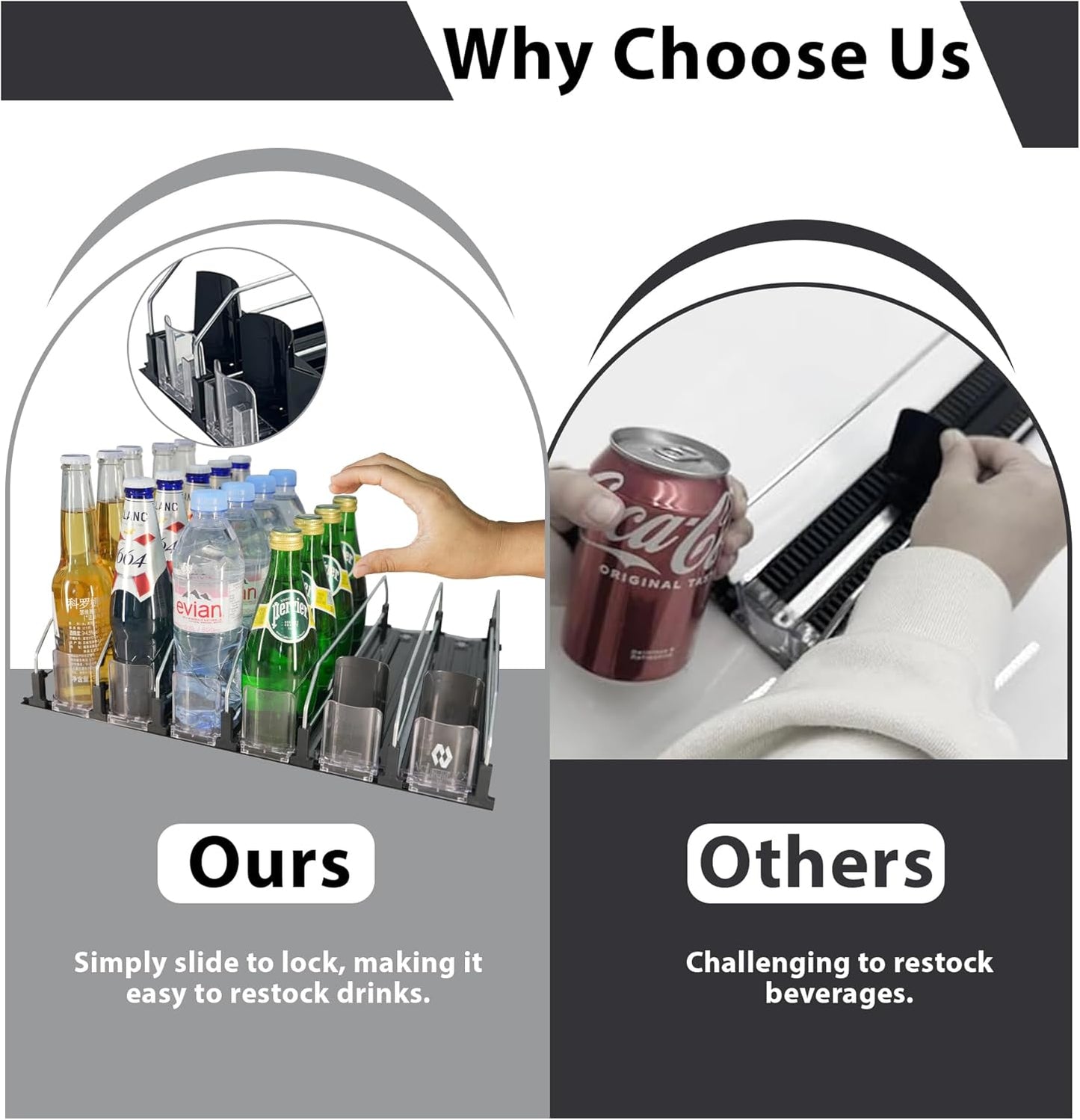 Upgraded Drink Organizer for Fridge – Adjustable Width Soda Can Organizer with Automatic Glide, Space-Saving Refrigerator Can Dispenser Holds Up to 30 Cans – Drink Holder for Fridge (6 Rows, Black)