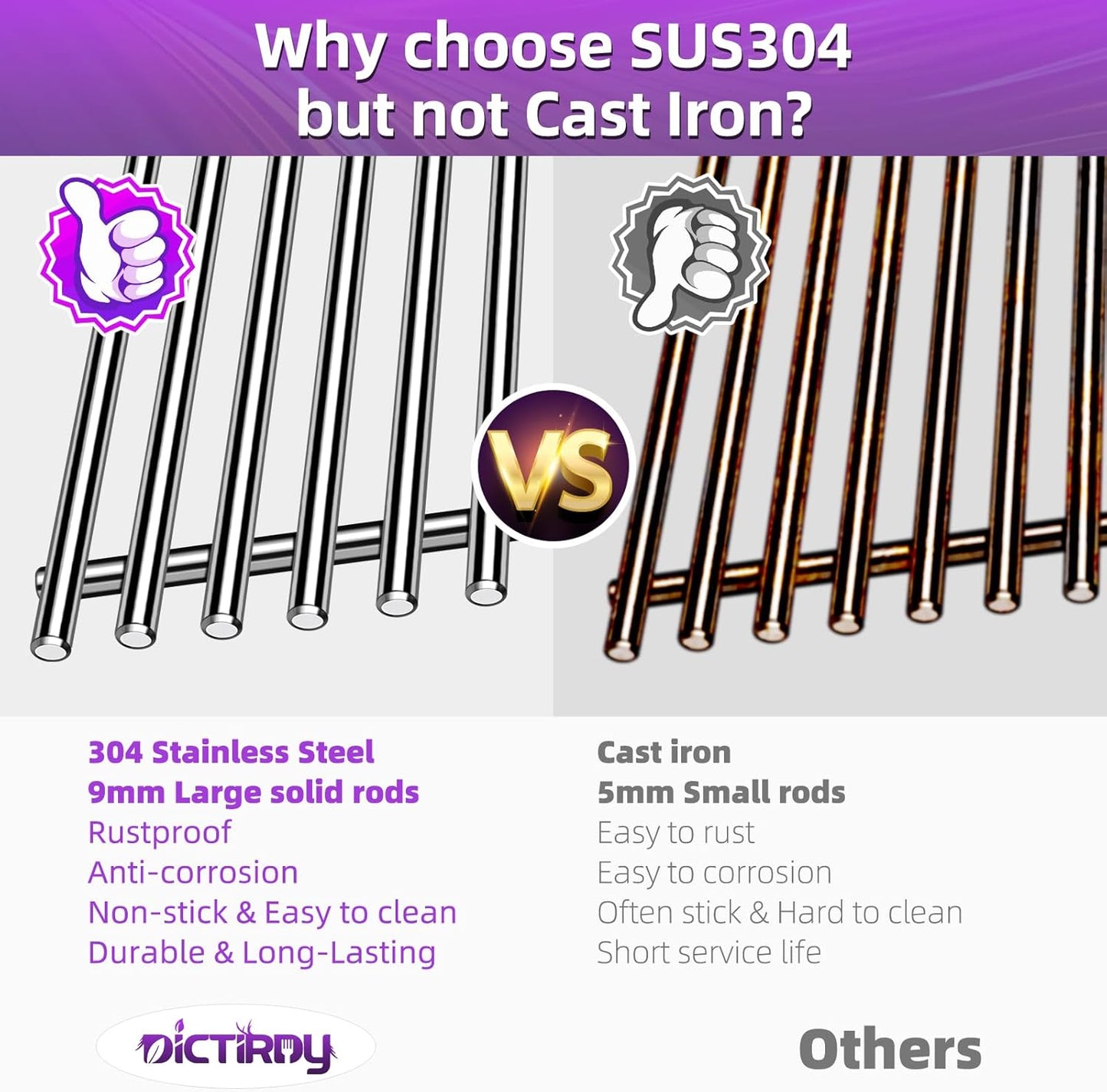 9MM 17.5" Stainless Steel Grill Grates for Weber Spirit E-310 E315 E320 E330 S310 S315 S330 GS4 Spirit 2 Grill Parts for Weber 7638, 7639 7525 Spirit 300 and Spirit II 300 Series Grills