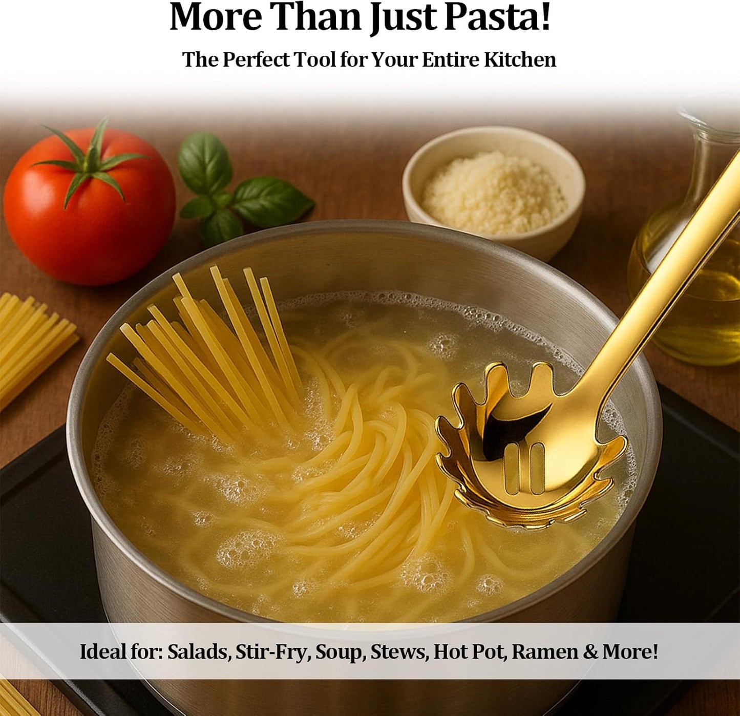 Stainless Steel Pasta Spoon with Teeth Pasta Server & Spaghetti Spoon with Drain Holes for Noodles, Pasta, Cooking & Serving (Gold)