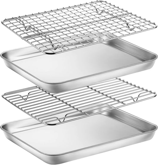 Baking Sheet with Rack Set, Yododo Set of 4 (2 Sheets + 2 Racks), Stainless Steel Cookie Sheet Baking Pan Tray with Cooling Rack, Non Toxic & Heavy Duty & Easy Clean - Size of 10 inch