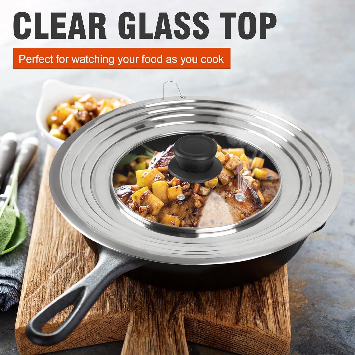 Universal Lids with Tempered Glass Top Fits 6, 7, 8 & 8.2, 9, 10, 11, 12, 12.5 Inch Cookware, Replacement Frying Pan Cover for Pots, Pans and Skillets, Cast Iron Lids for Space Saving