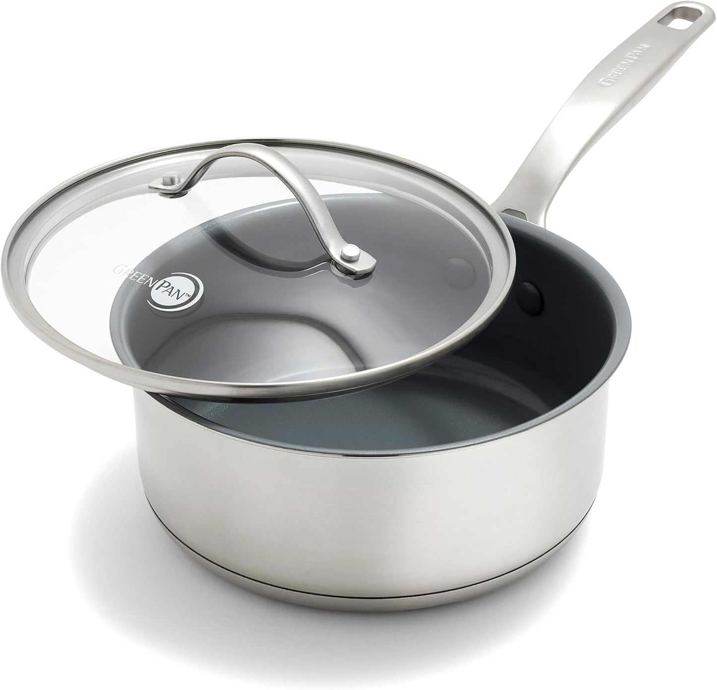 GreenPan Stainless Steel Treviso 2.1QT Saucepan with Lid, Healthy Ceramic Nonstick, PFOA-Free PFAS-Free, Induction, Dishwasher Safe, Oven Safe, Even Heating, Silver