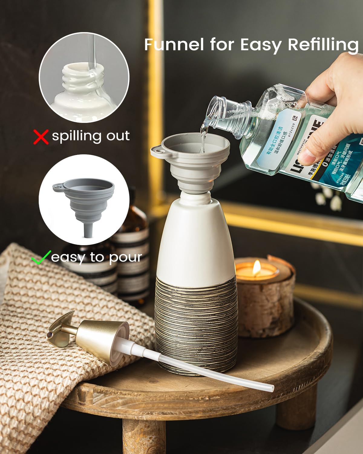 Dish Soap Dispenser Ceramic Liquid Dispenser for Bathroom Hand Soap Bottle with Pump, 12oz Refillable Liquid Bottle for Body Wash, Shower Gel, White