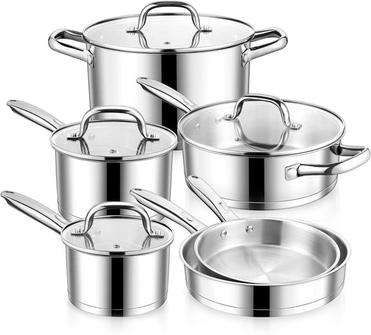 E-far 10-Piece Stainless Steel Cookware Set, Induction Pots and Pans Set with Tri-Ply Base, Non-toxic Kitchen Cooking Set w/Frying Pan, Saucepan, Saute Pan, Stockpot with Lids, Oven & Dishwasher Safe
