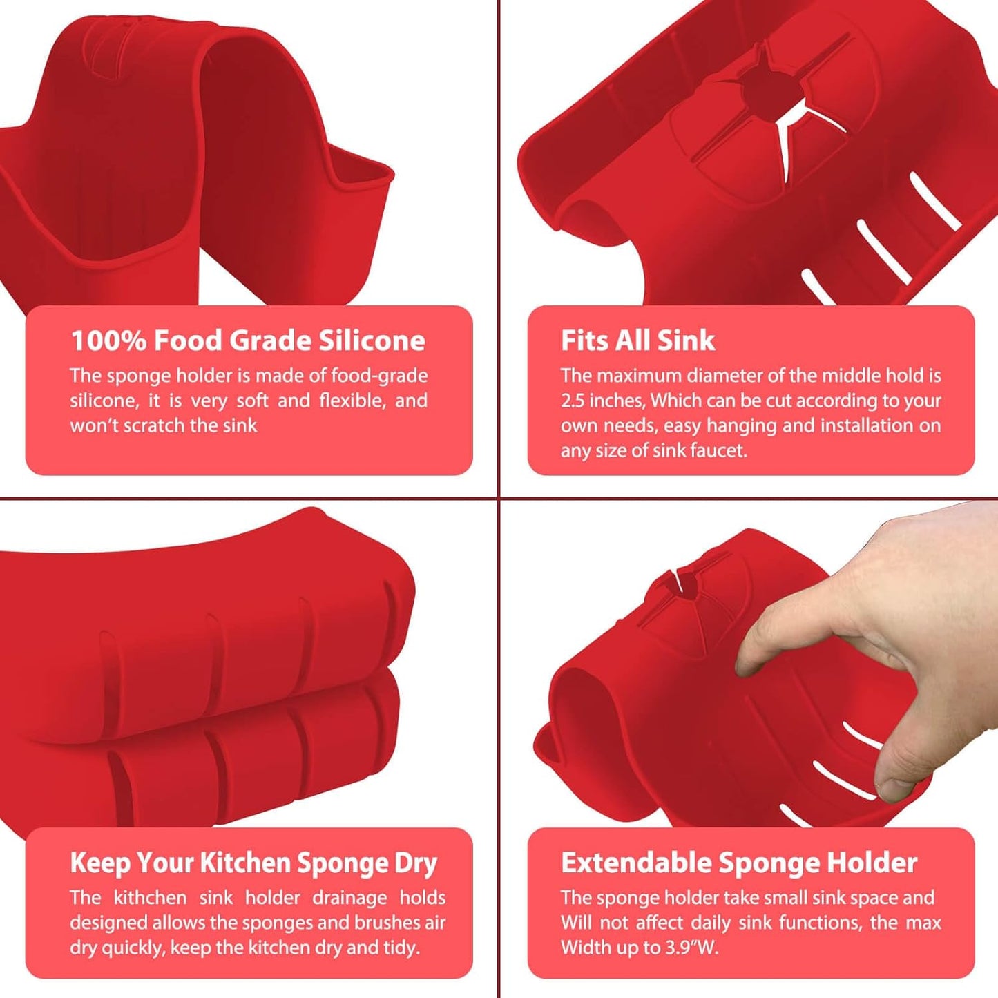 Sponge Holder for Kitchen Sink, Silicone Sink Saddle Caddy Organizer Rack, Sponges Holder Over Faucet, Hanging Kitchen Organizer Accessories Rack Basket Red