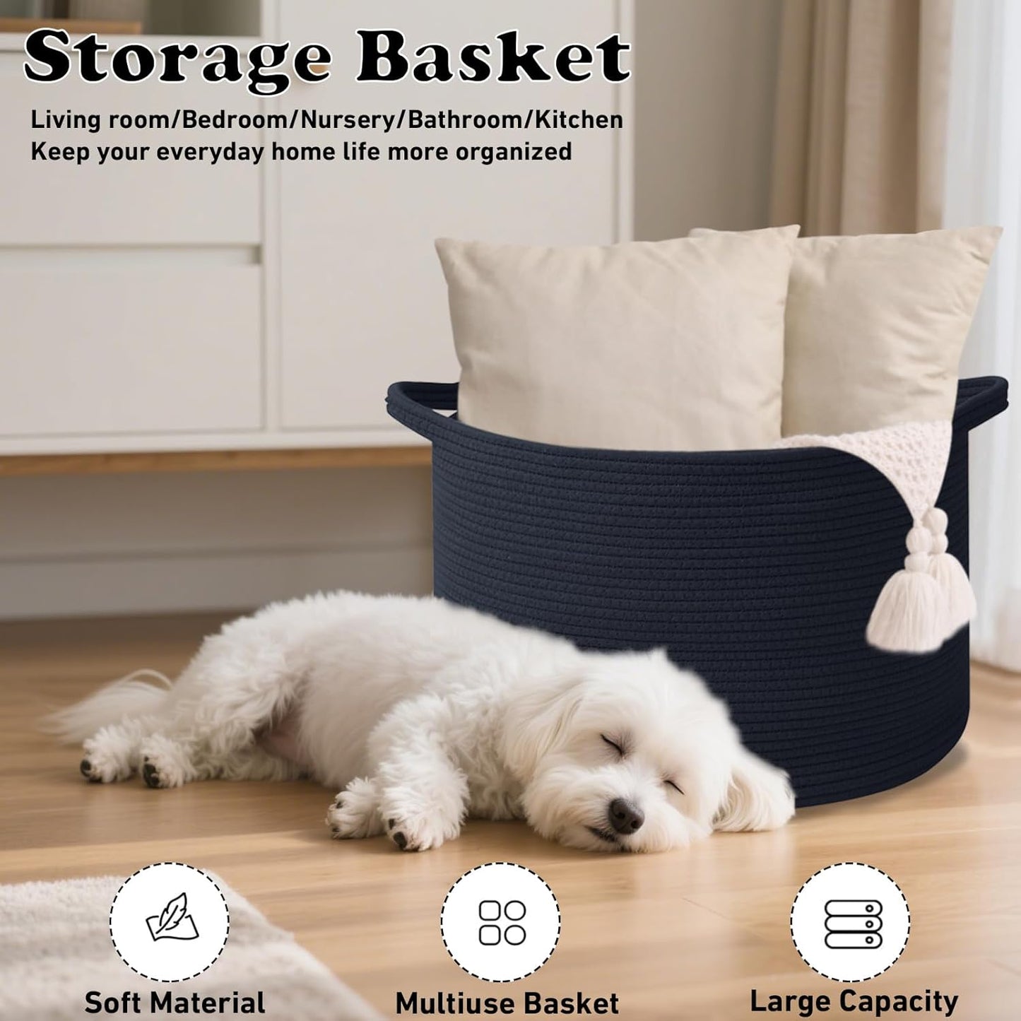 Large Blanket Basket for Organizing,115L Closet Organizers and Storage Bins Box for Shelves Woven Rope Storage Baskets,Living Room,Bedroom,Dorm,Laundry room (Navy)