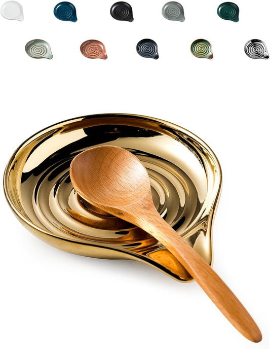 LAUCHUH Spoon Rest for Stove Top, Ceramic Spoon Holder for Kitchen Countertop Large Utensil Rest for Spatula, Spoons or Tong, Ladle, Fork, Christmas, 5 inch, Gold