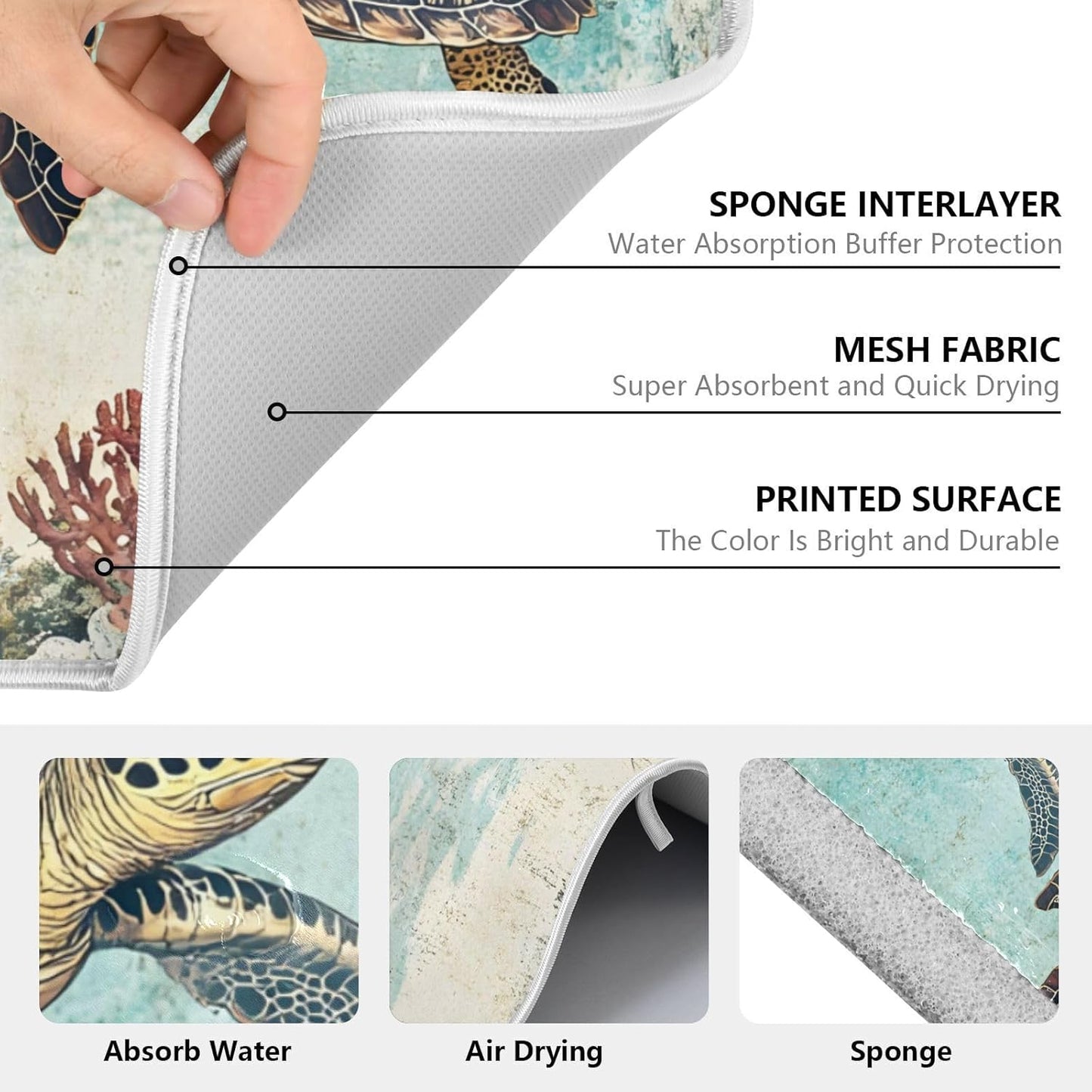 Vintage Ocean Sea Turtle04 Dish Drying Mat for Kitchen Counter Absorbent Microfiber Large Drying Pad Dish mats for Kitchen Countertops 18 x 24 Inch