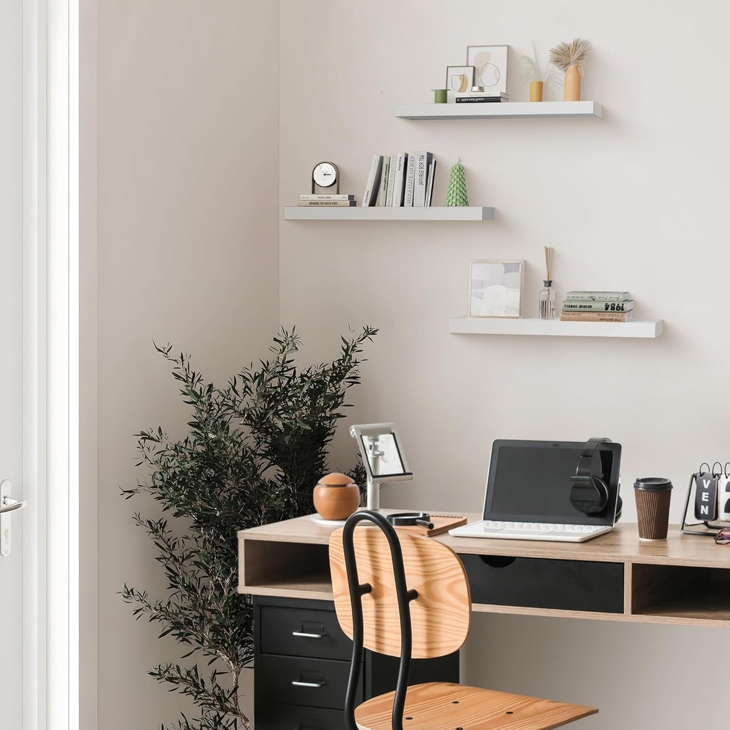 Colima Floating Shelves for Wall White Wood Wall Shelf for Bedroom, 24 Inch Wall Mounted Floating Shelves for Bathroom Living Room Kitchen Office, 1.3" Thick Floating Book Shelves for Wall, Set of 3