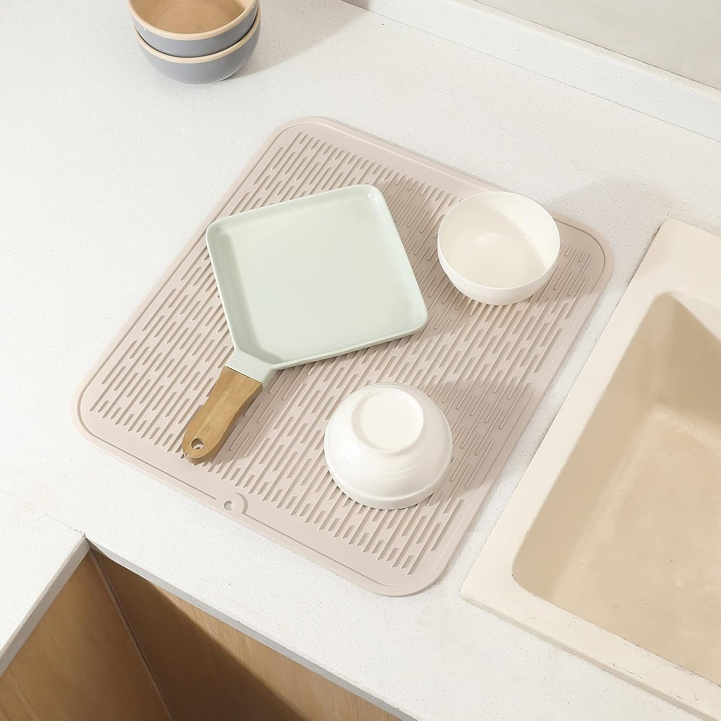 Silicone Dish Drying Mat for Multiple Usage,Easy clean,Eco-friendly,Heat-resistant Silicone Mat for Kitchen Counter or Sink,Refrigerator or Drawer Liner Tapioca XL 18 inches x 16 inches