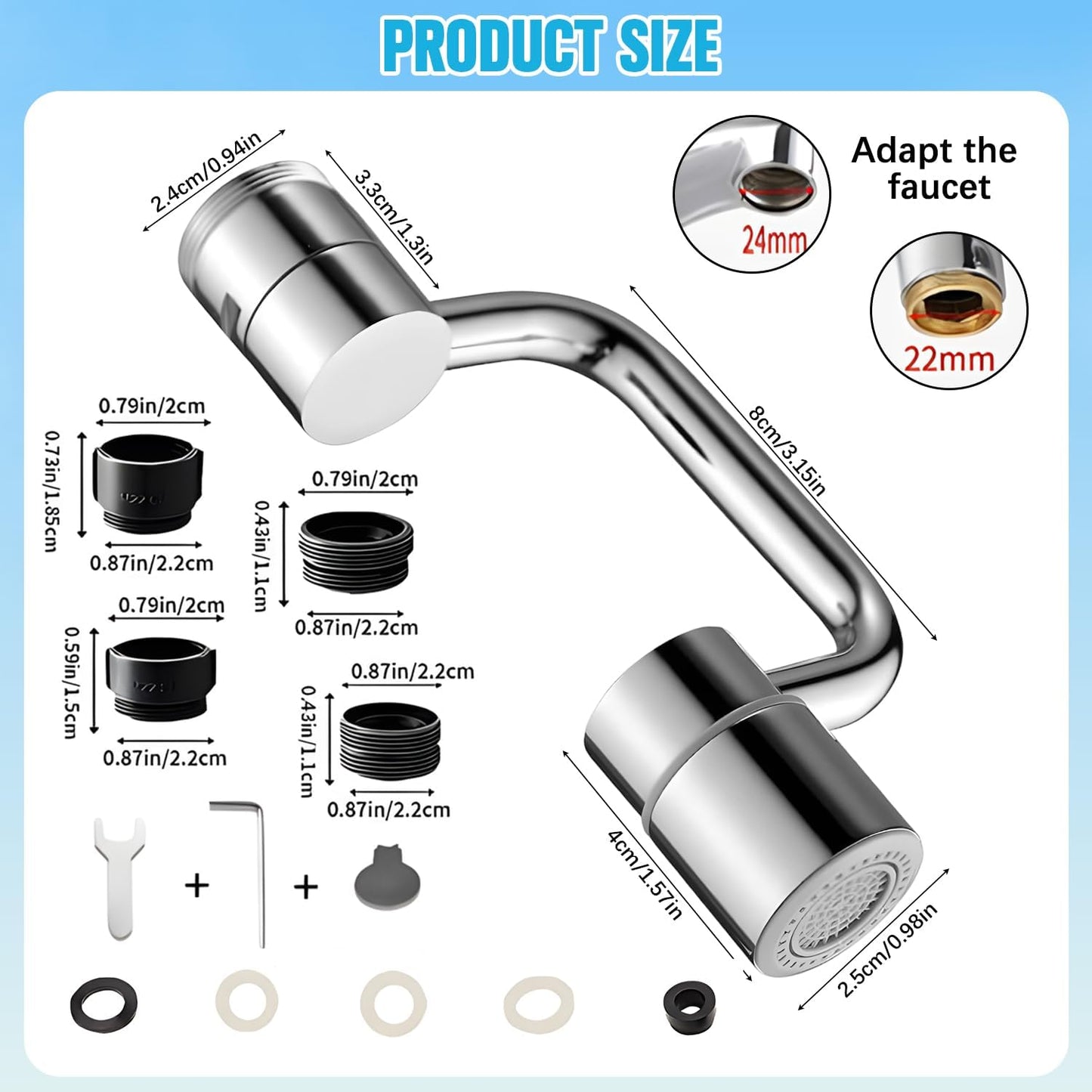 Flexiflow 1080°Rotatable Faucet Aerator, New Rotating Faucet Extender, U Shape Faucet Extender for Bathroom Sink/Kitchen, 2 Sprayer Modes, Multiple Adapters,Universal for Internal/External Thread