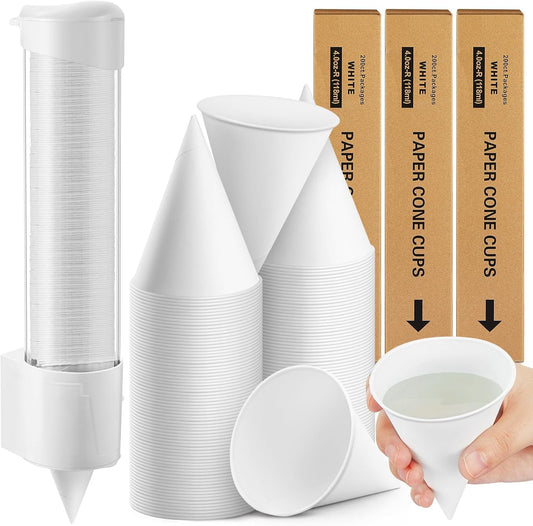 Roshtia 600 Pcs 4 oz Paper Cone Cups Thicken Disposable with 1 Cups Dispenser Pull Type Wall Mount Cup Holder Paper for Restaurants, Home, and Office, and Shaved Ice, Cold (White)