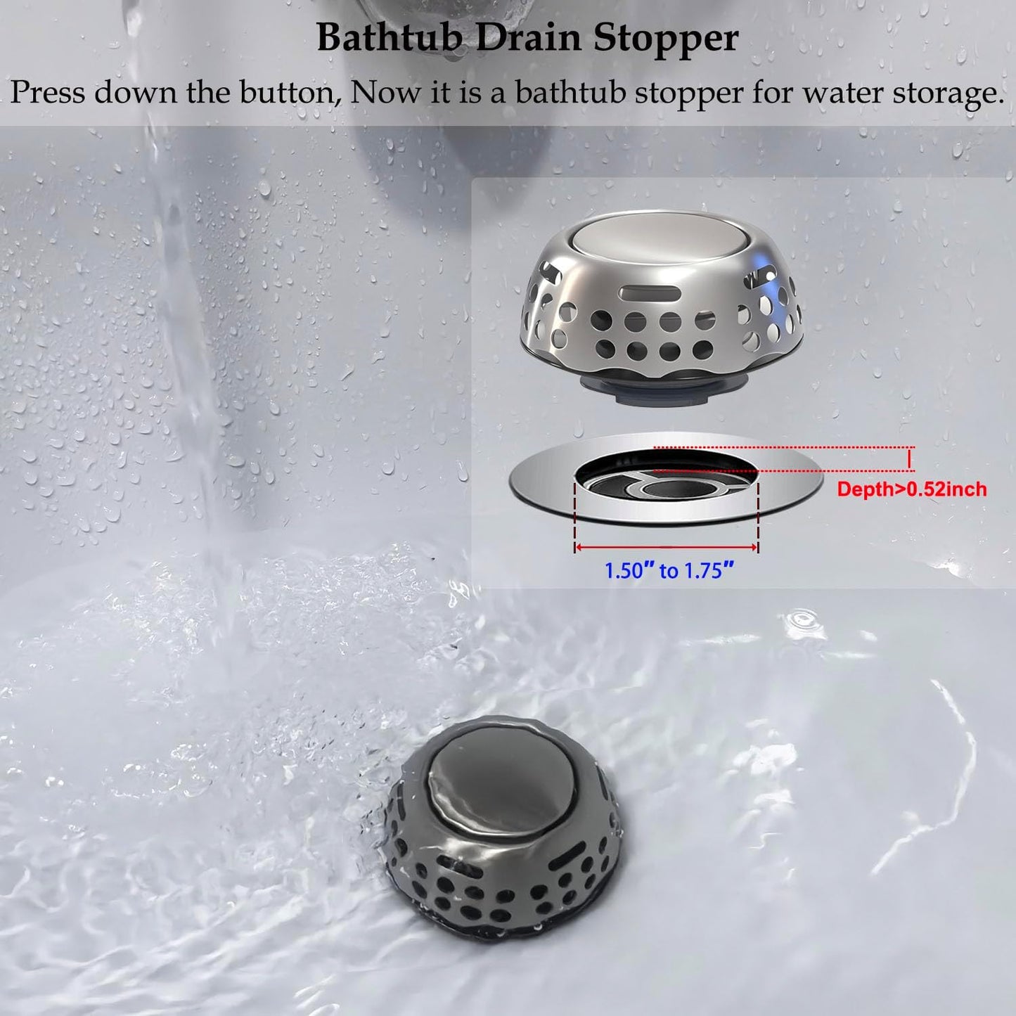 Bathtub Drain Stopper, Pop Up Tub Stopper with Strainer, Shower Drain Hair Catcher, Bath Tub Plug for 1.50"-1.75" Bath Drain Hole