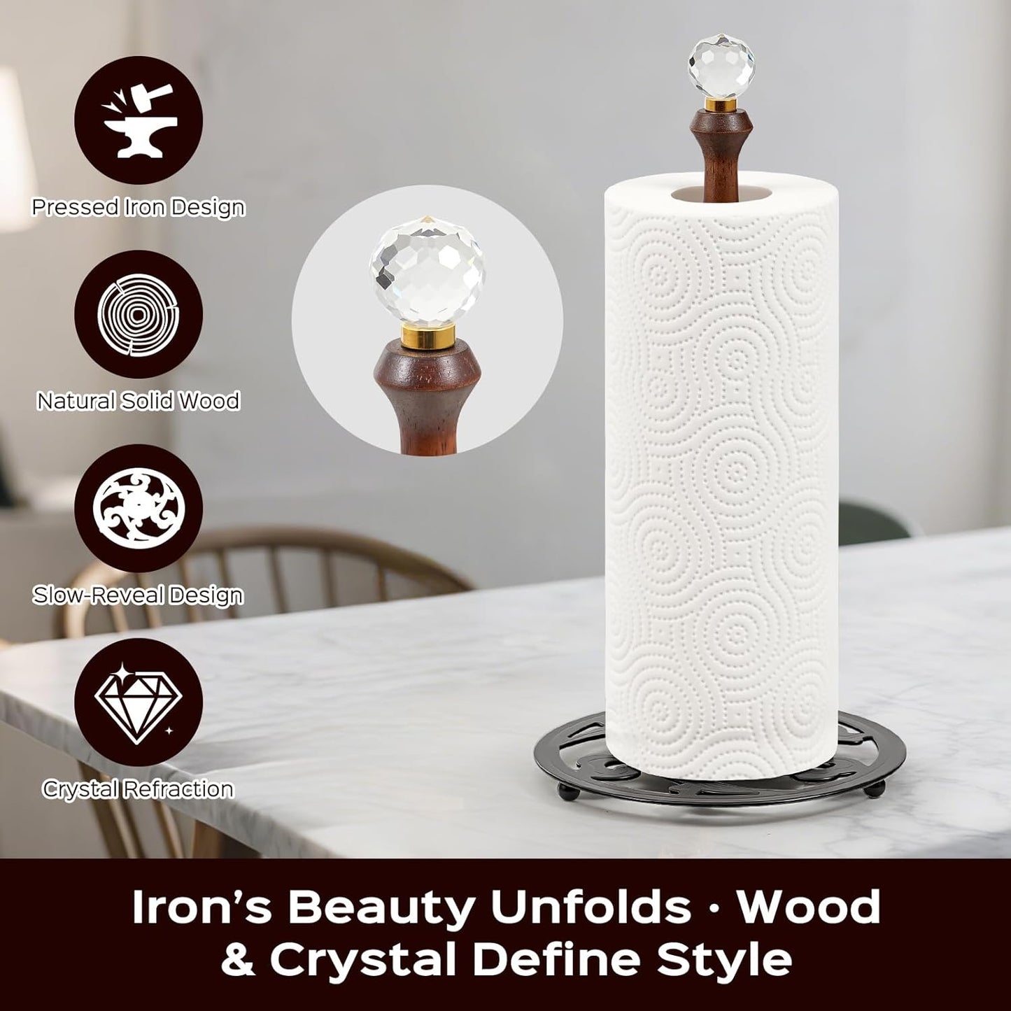 Wooden Countertop Paper Towel Holder,Iron Base with Die-Cast Pattern, Solid Wood Rod & Crystal Finial Top,Slow Reveal Artistry, Stable&Durable, Easy Install - Elevates Kitchen Décor(Black)