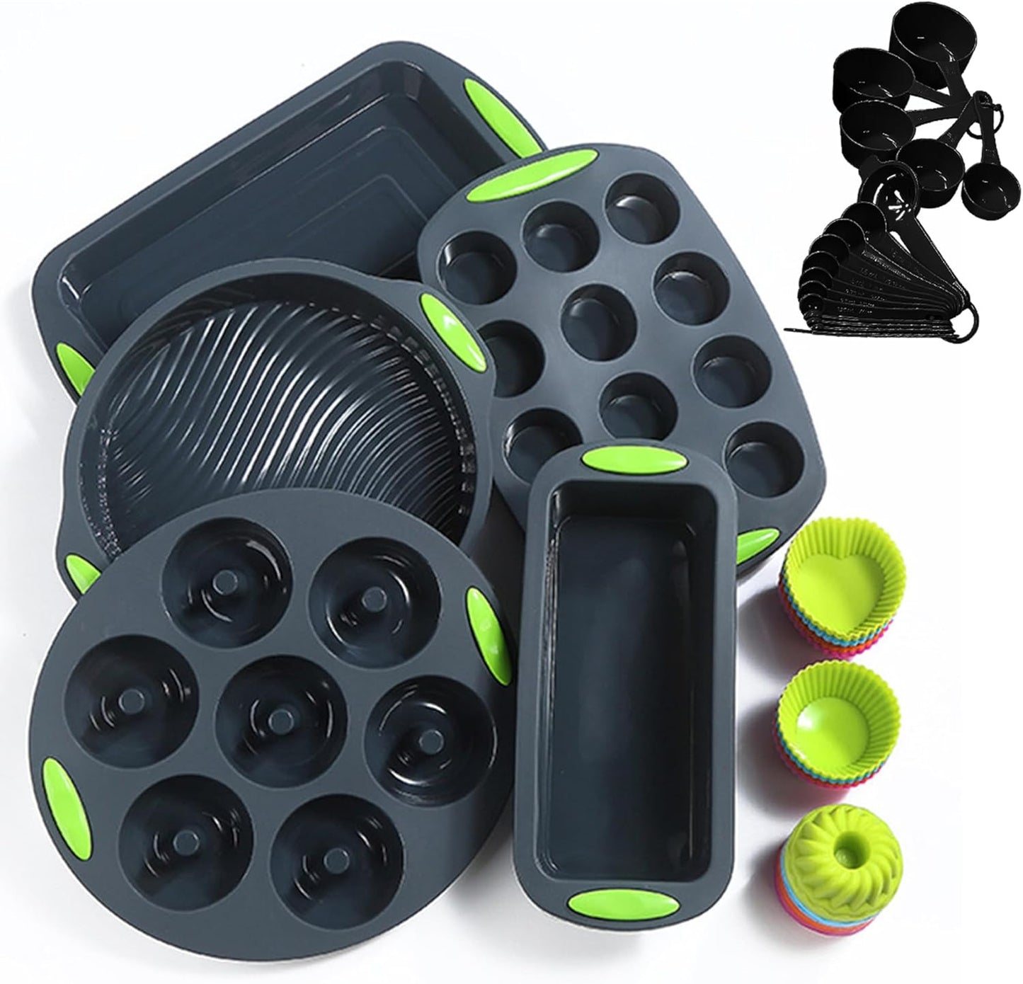 To encounter 41 Pieces Silicone Baking Pan Set, Silicone Cake Molds, Baking Sheet, Donut Pan, Muffin Pan with 36 Pack Baking Cups, Dishwasher Safe