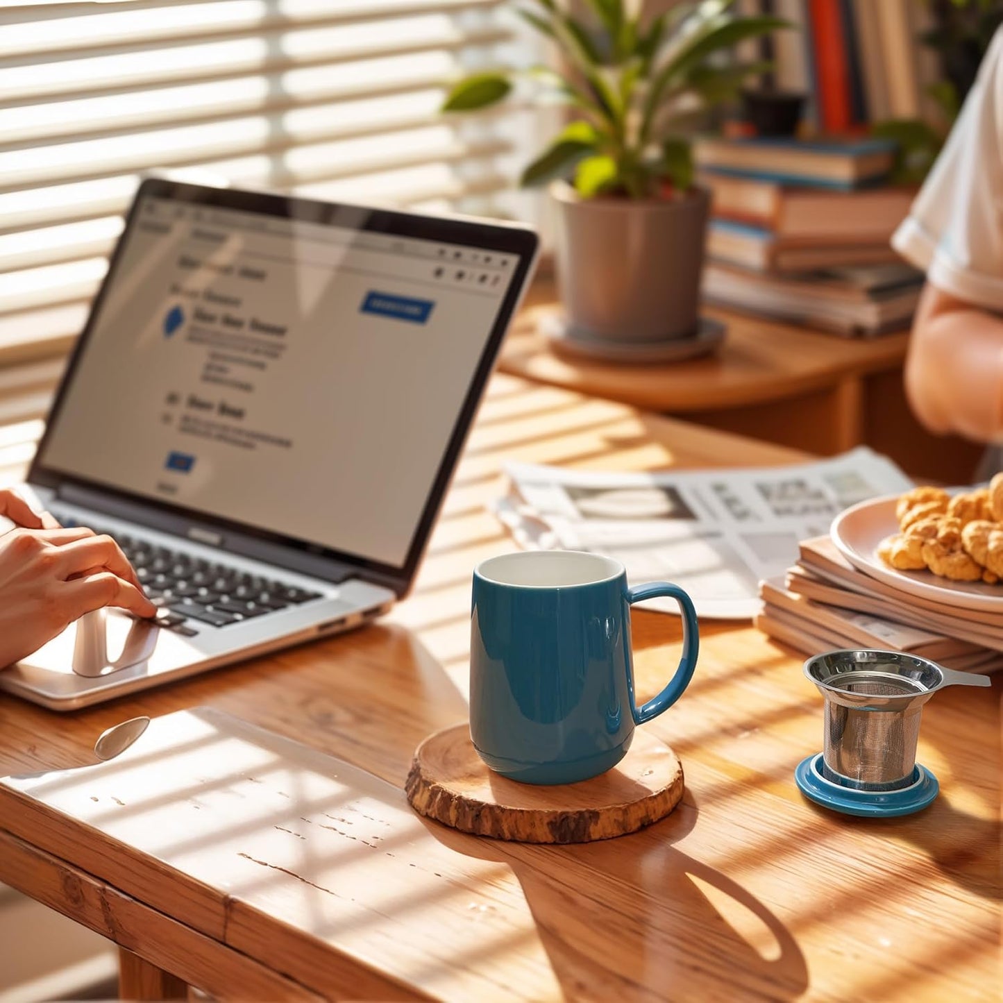 Sweese Porcelain Teacup with Infuser and Lid, 20oz, Steel Blue, Microwave Safe, Reusable