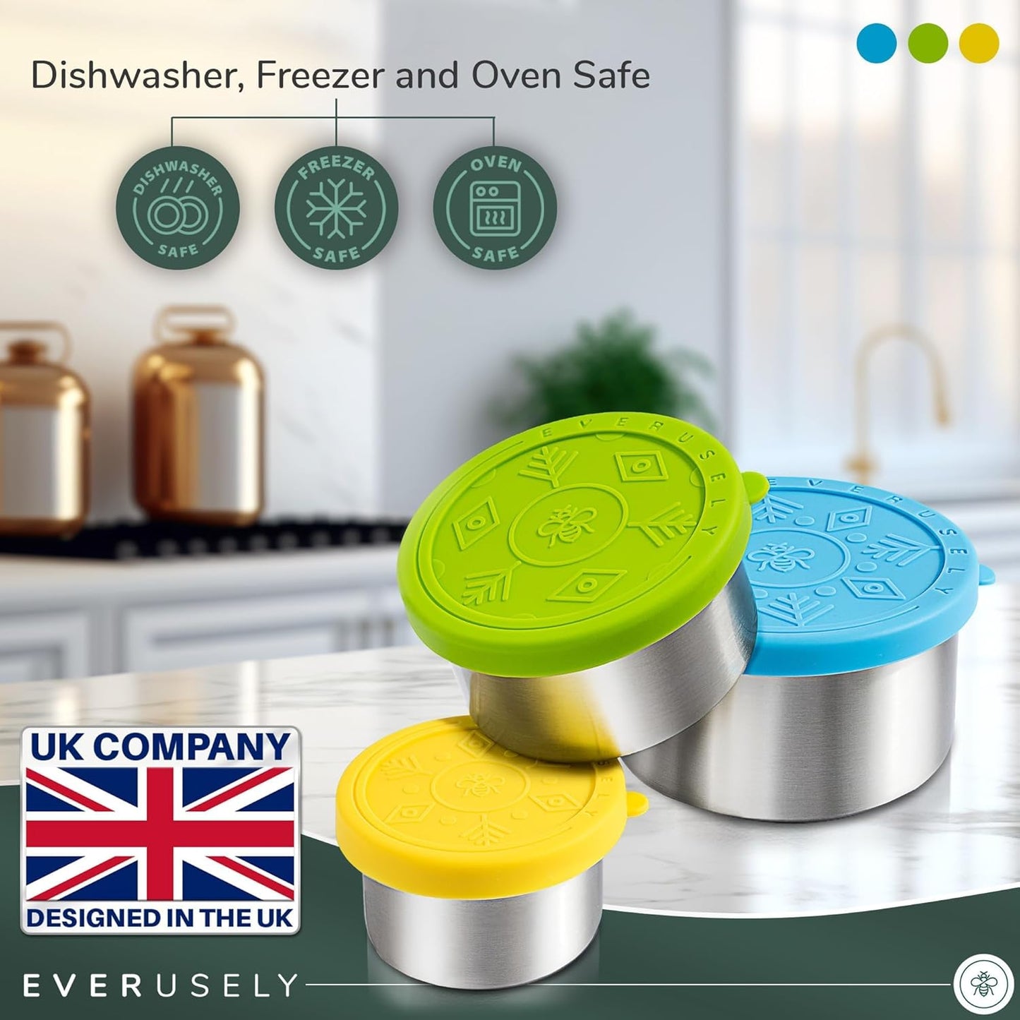 Everusely - Stainless Steel Food Containers - 3 Pack, Summer - Lunch Box - Snack Containers for Office, Home Food Storage - Leakproof with Silicone Lids - Dishwasher & Freezer Safe