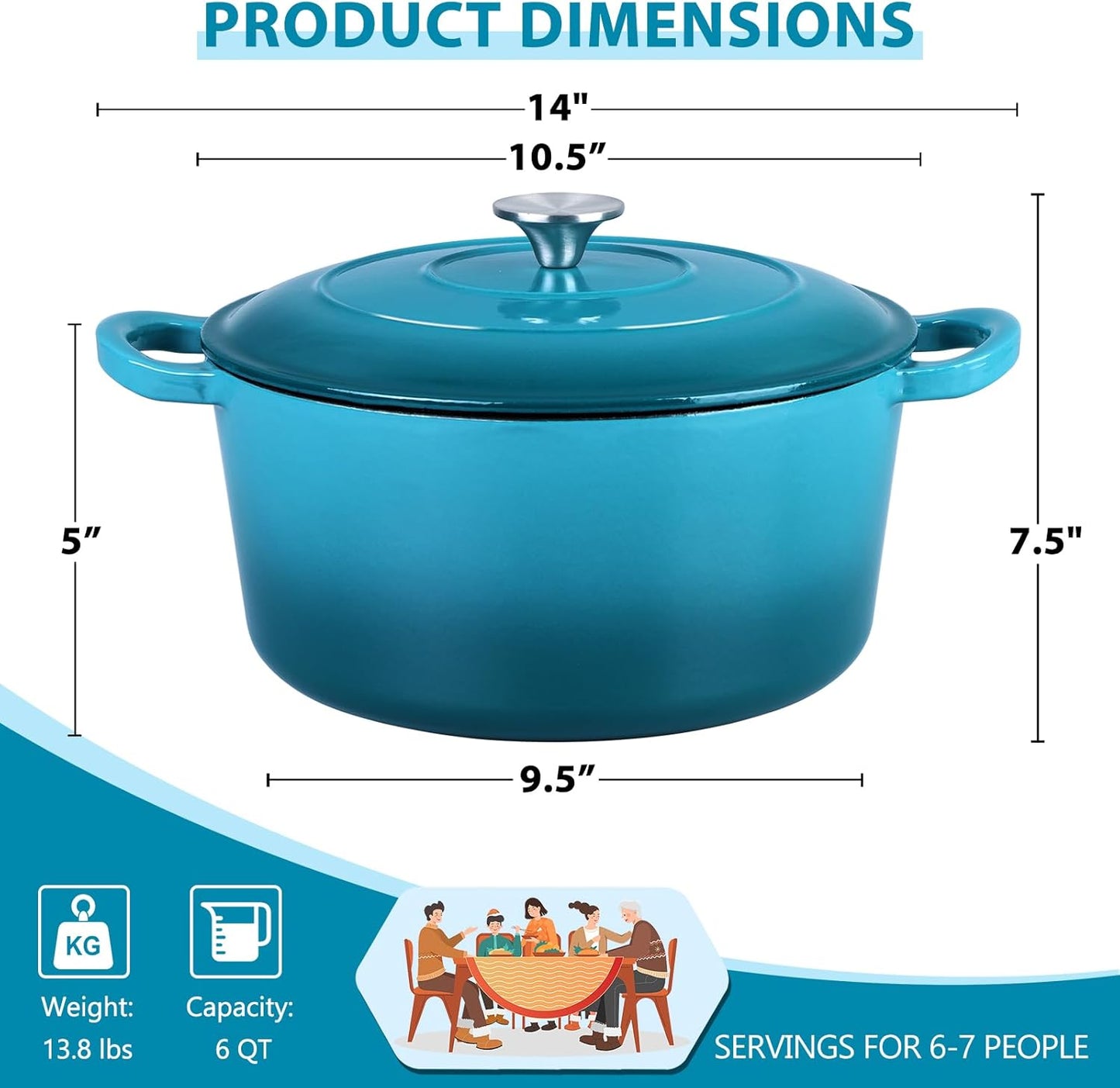 E-far 6 Quart Dutch Oven, Enameled Cast Iron Dutch Oven Pot with Lid, Nonstick Round Cookware for Braising/Stews/Roasting/Bread Baking/Cooking, Heavy Duty, Induction & Oven Safe - Teal Mist