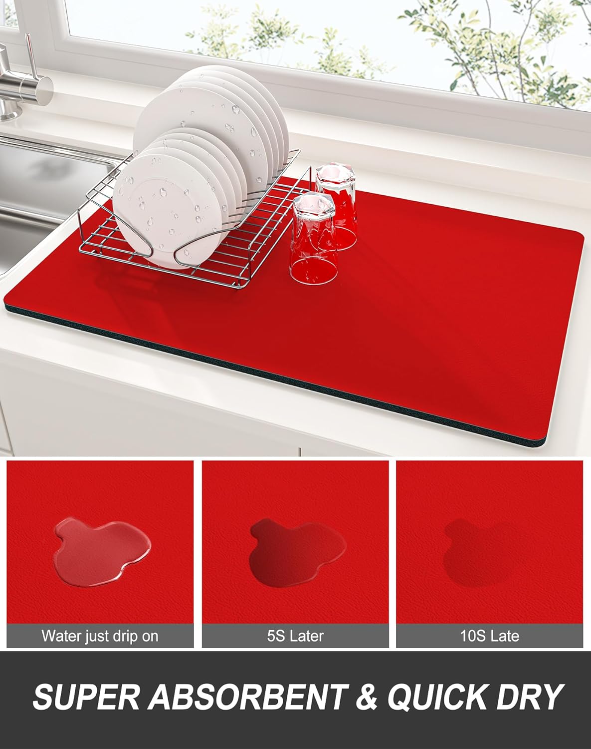 Rnivvi Dish Drying Mat for Kitchen Counter, XL 15 x 24" Super Absorbent Drainer Pad Easy Clean Dish Rack Pad, Non-Slip Heat Resistant Coffee Bar Mats for Coffee Machine Station Accessories Decor, Red