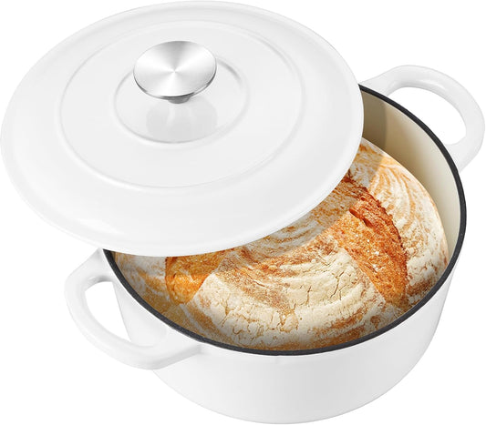3QT Dutch Oven Pot with Lid, Leonyo 3 Quart Enameled Cast Iron Dutch Oven for Sourdough Bread Baking, Heavy Duty Cookware for Braising, Stews, Roasting, White